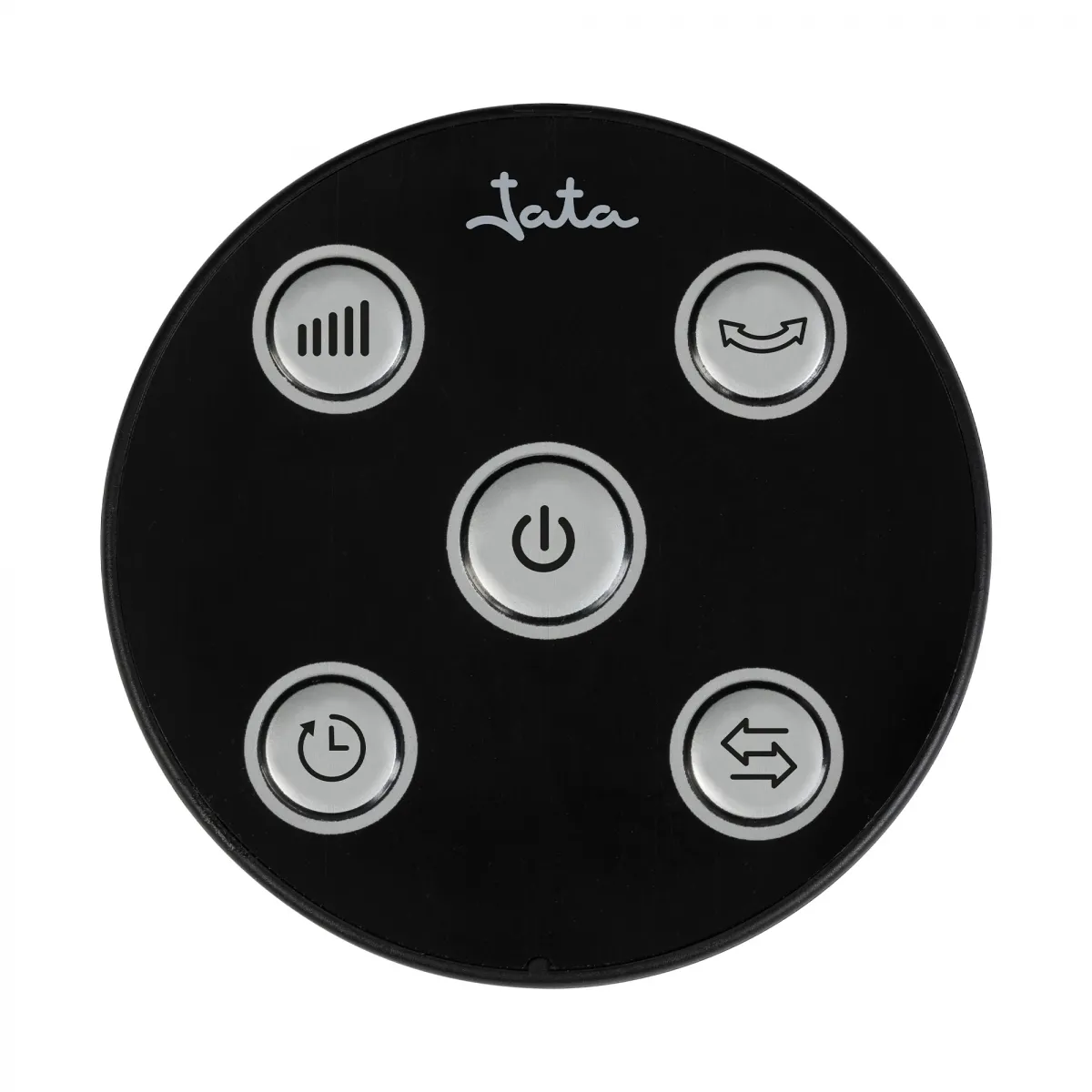 Panel de control circular negro con botones plateados y el logotipo de Jata. Los botones muestran símbolos de encendido, temporizador y otras funciones.