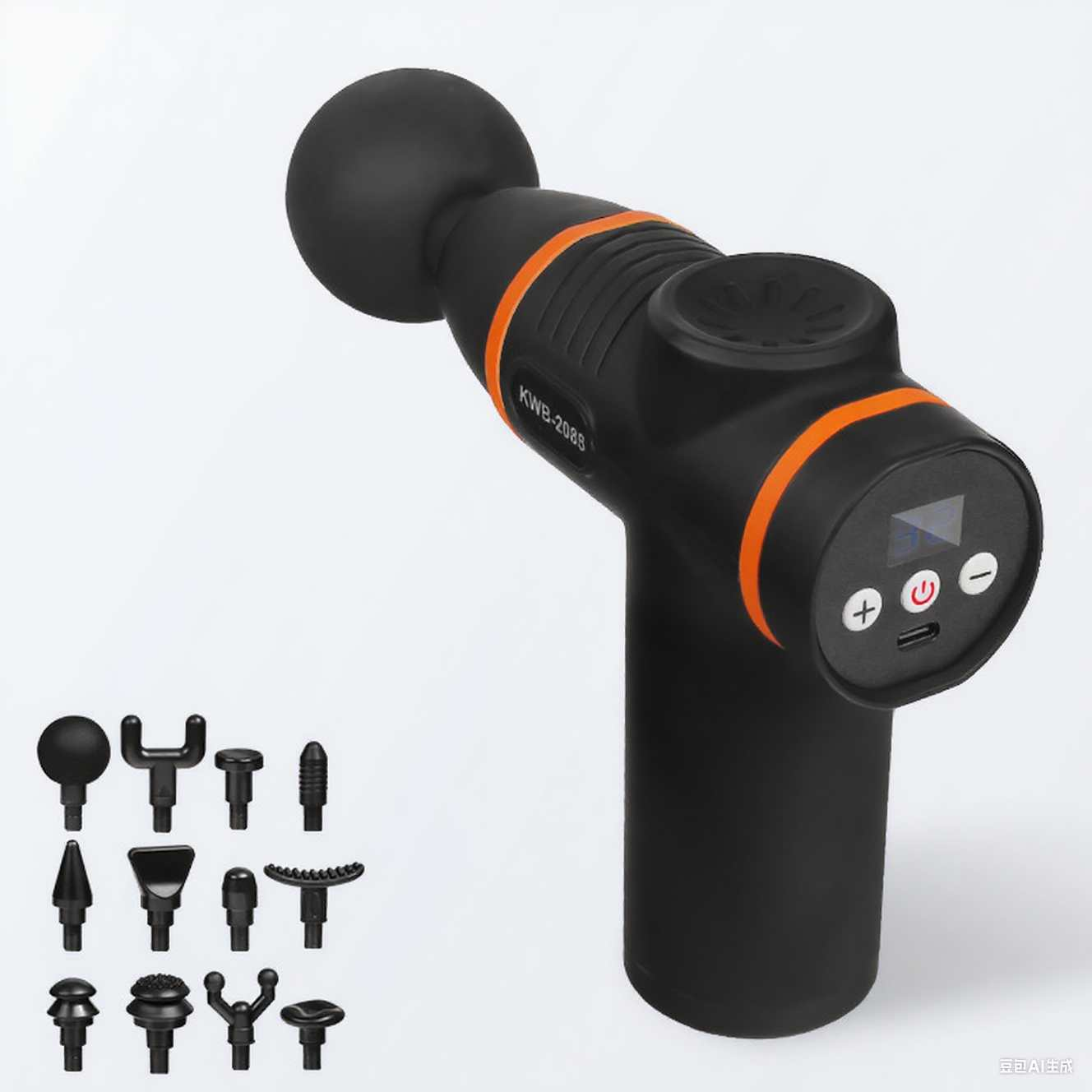 Schwarze Massagepistole mit orangefarbenen Akzenten. Verschiedene Massageköpfe werden angezeigt. Die Pistole hat ein digitales Display und Bedientasten.
