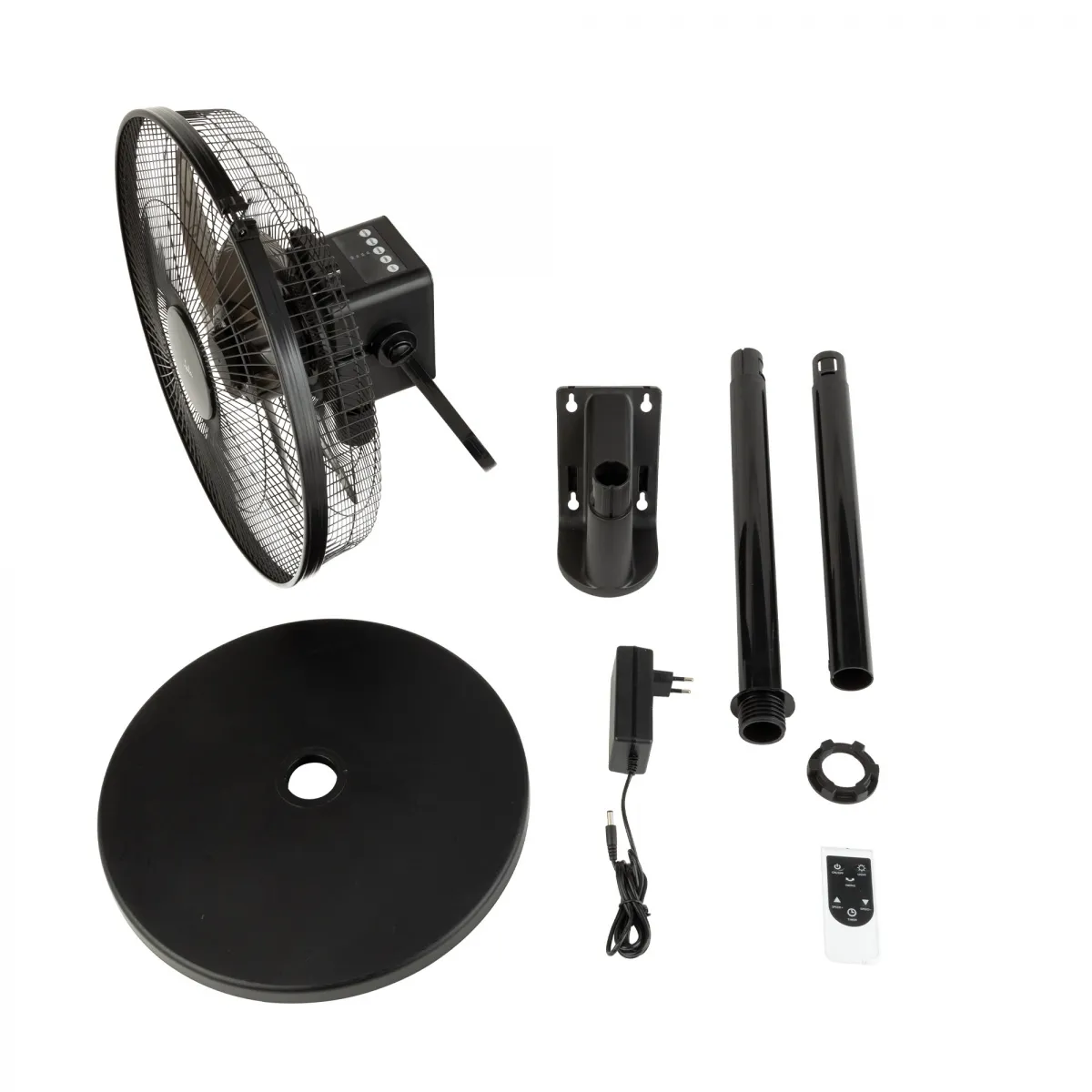 Un ventilador negro desmontado con sus piezas: base, cabezal del ventilador, postes, montaje en pared, mando a distancia y adaptador de corriente.