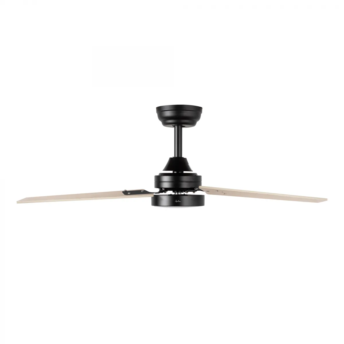 Black ceiling fan with two wooden blades. The fan is centered, with a white background. The blades are light brown.