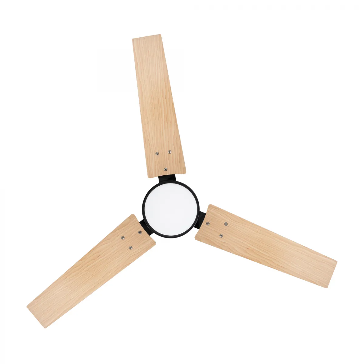 A ceiling fan with three wooden blades radiates from a central light fixture. The background is plain white.