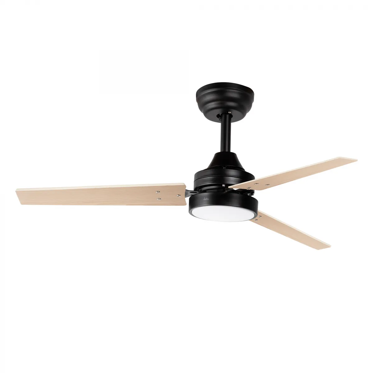 A black ceiling fan with three wooden blades. The fan is mounted on a white background.