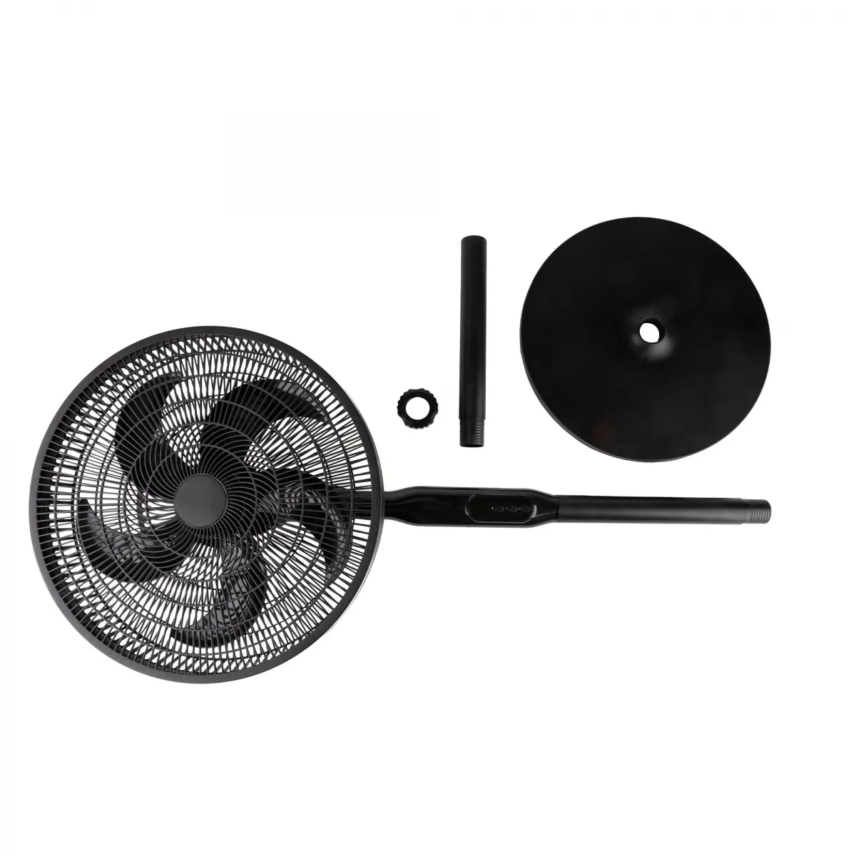 Un ventilador negro desmontado con aspas, un soporte, una base circular y otras partes, todo sobre un fondo blanco.
