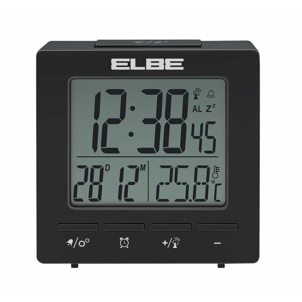 Orologio digitale nero che mostra ora, data e temperatura. Con pulsanti per le impostazioni. Il marchio ELBE è visibile in alto.
