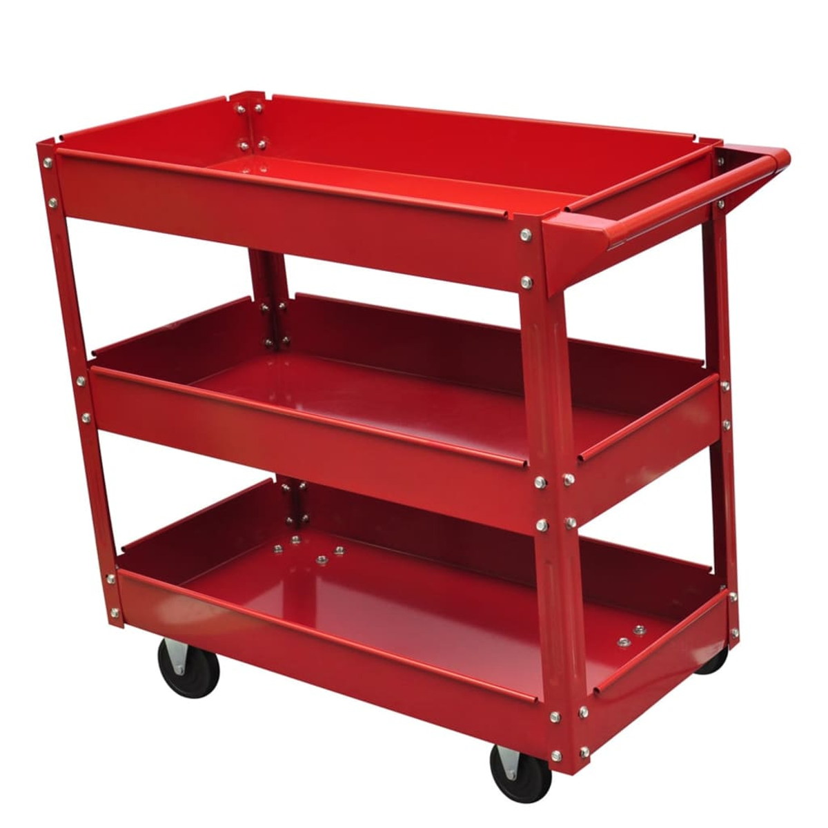 Ein roter, dreistöckiger Servierwagen mit Griff. Jede Ebene ist ein Tablett. Es hat vier schwarze Räder und steht auf weißem Hintergrund.