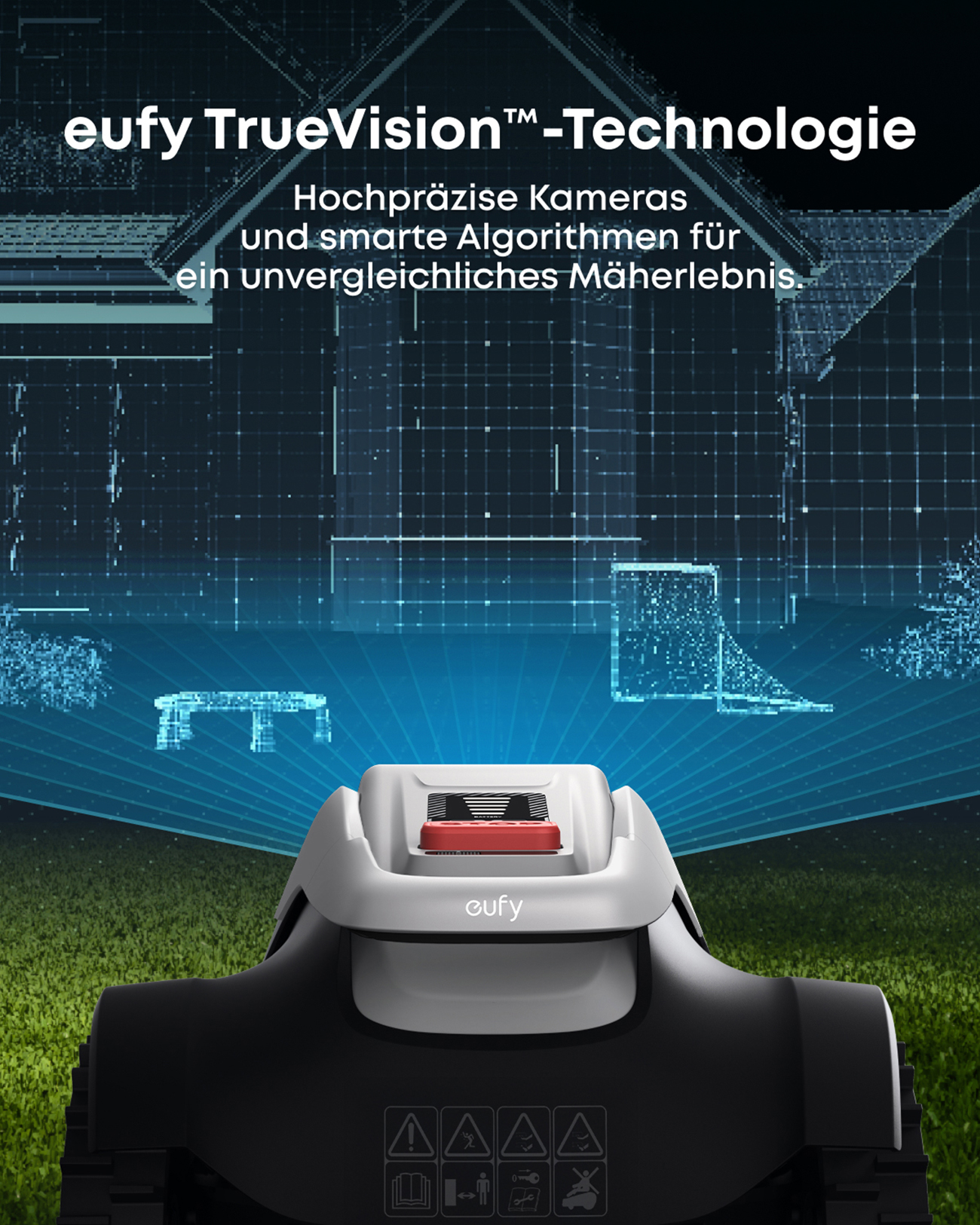 Ein Roboter-Rasenmäher mit dem eufy-Logo. Text: TrueVision Technologie. Der Hintergrund zeigt Rasen und eine digitale Darstellung eines Hauses.