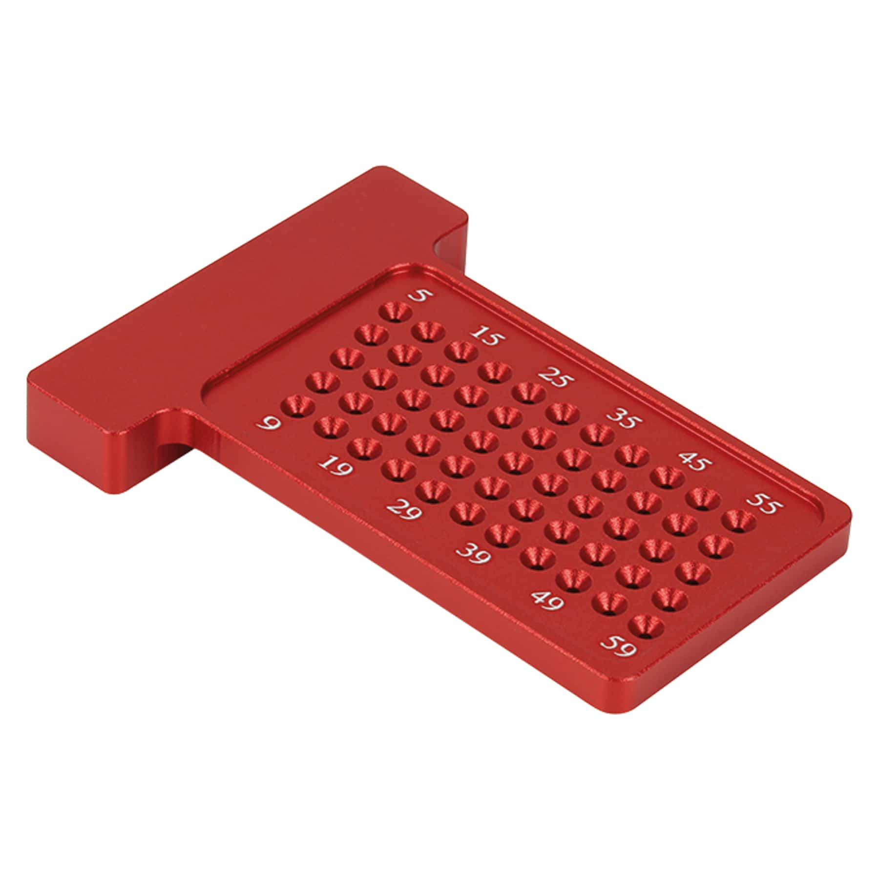 Ein rotes Metallwerkzeug mit T-Form und mehreren Löchern. Zahlen sind auf der Oberfläche gedruckt.