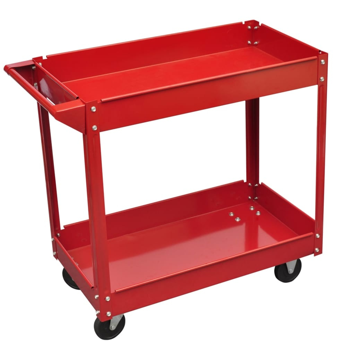 Ein roter, zweistöckiger Metall-Servierwagen mit Rädern. Er hat einen Griff auf einer Seite. Der Wagen ist leer, vor weißem Hintergrund.