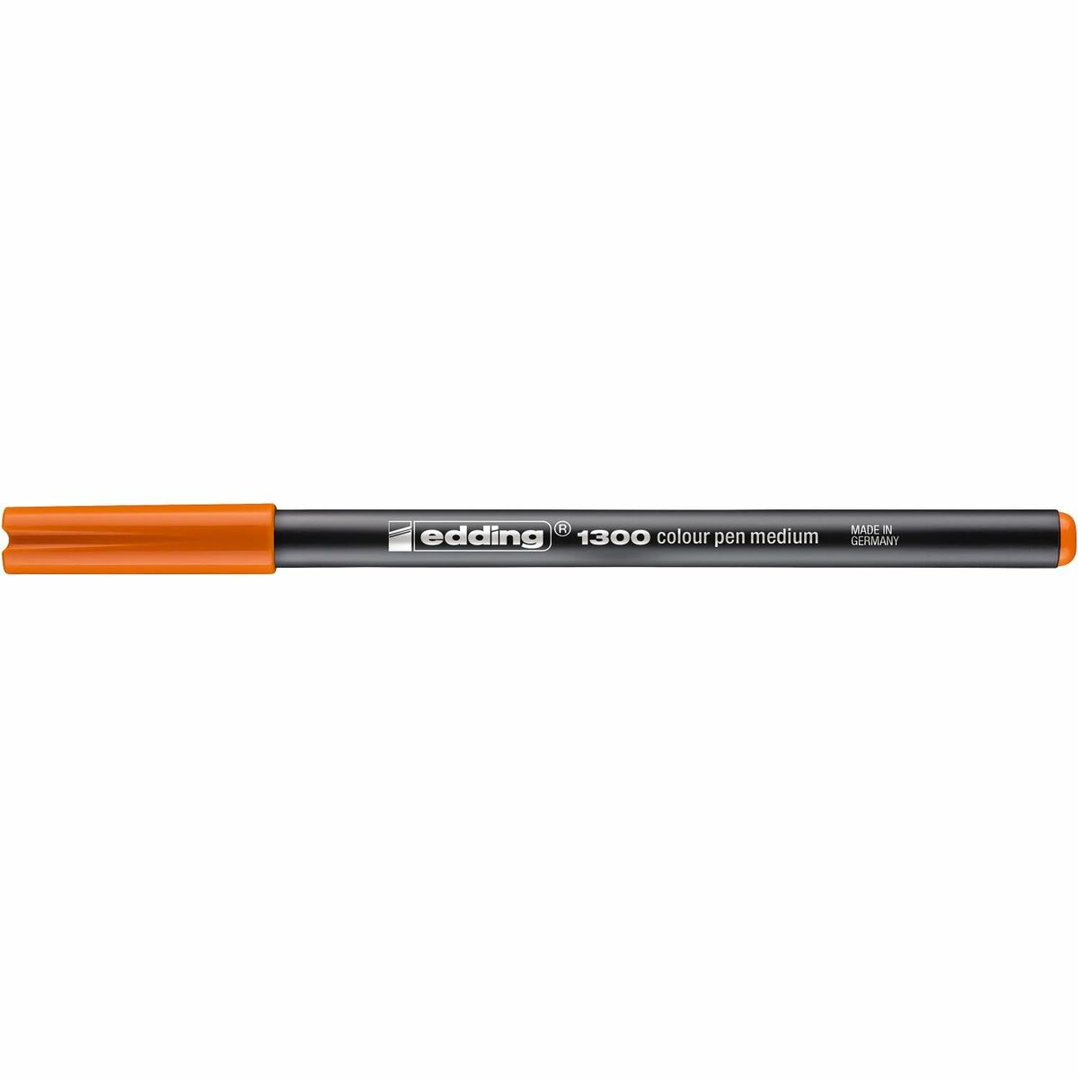 Ein orangefarbener Edding 1300 Farb-Filzstift liegt horizontal. Der Stift ist schwarz mit orangen Enden und der Text "Made in Germany" ist sichtbar.