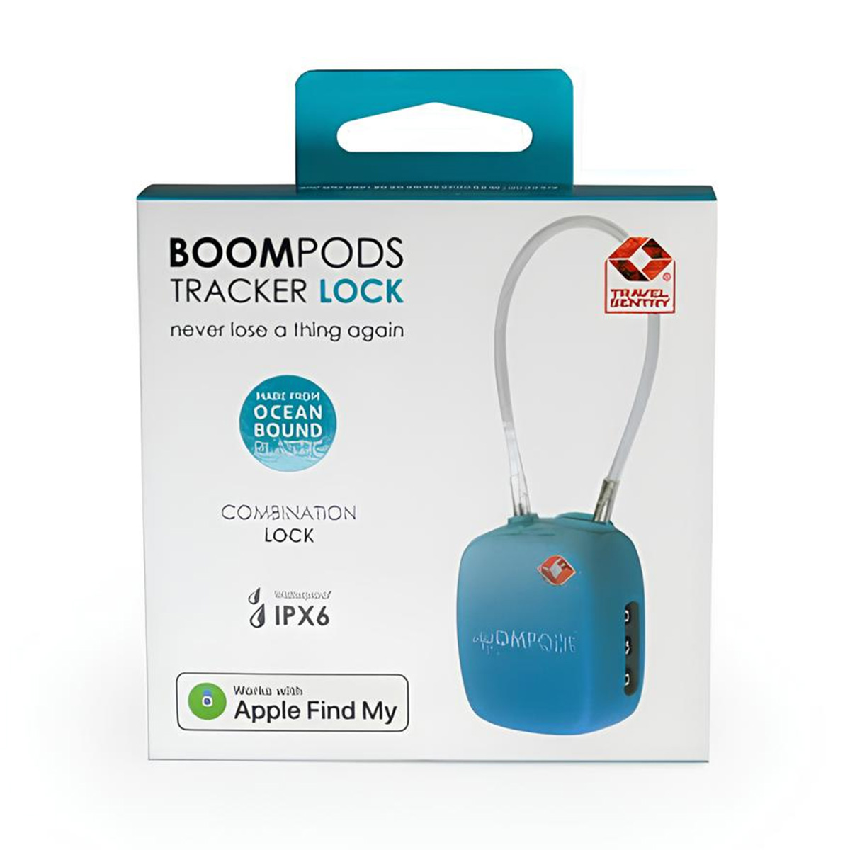 Un Boompods Tracker Lock blu nella sua scatola. Dice 'Made from Ocean Bound Plastic' e 'Apple Find My'.