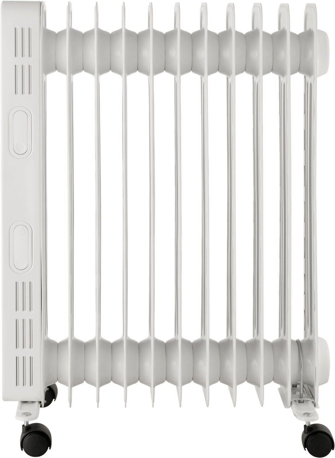 Ein weißer Ölradiator mit vertikalen Rippen. Es hat Bedienfelder und steht auf Rädern.