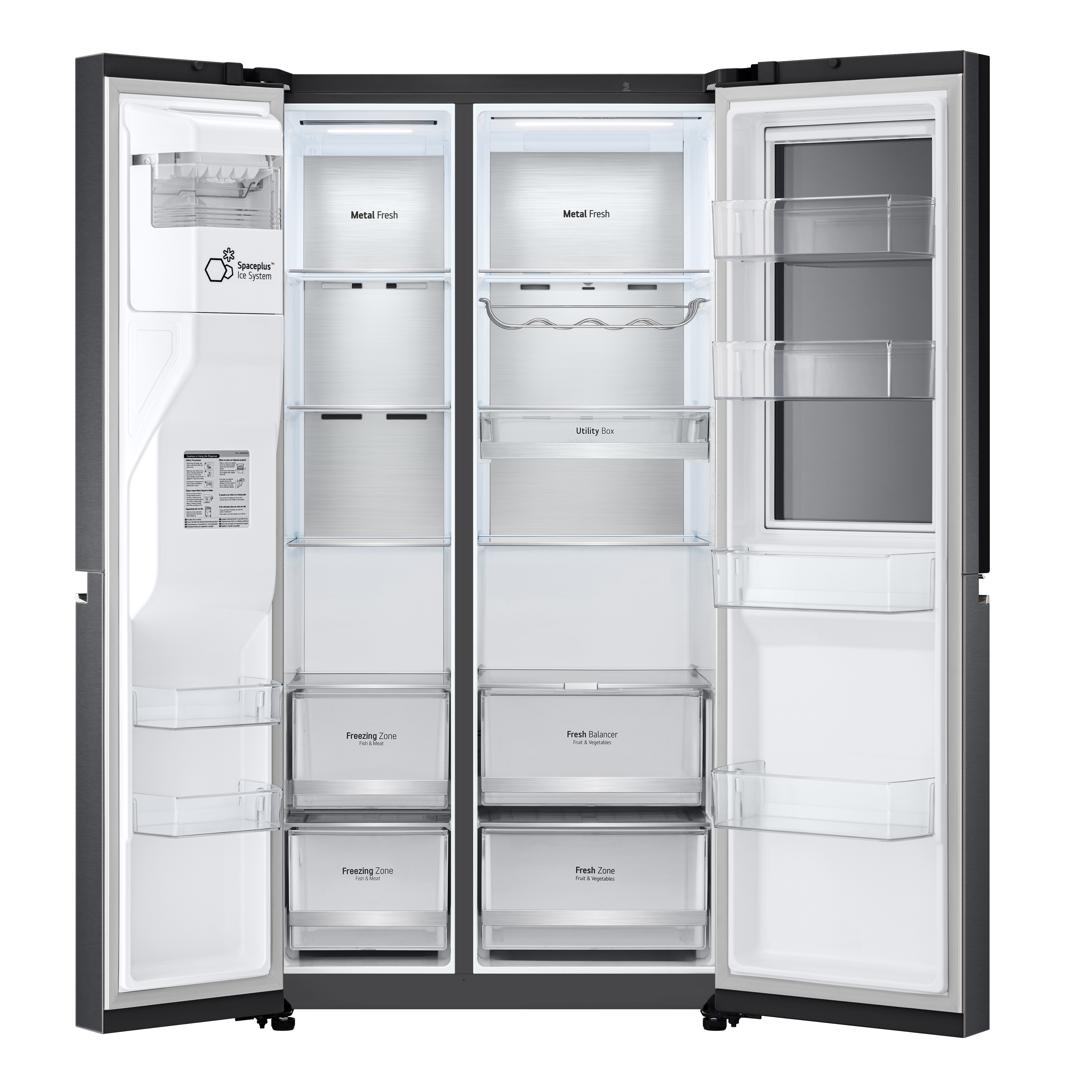 Ein offener schwarzer LG-Kühlschrank mit zwei Türen. Innenansicht mit Regalen, Schubladen und Fächern mit der Aufschrift Metal Fresh usw.