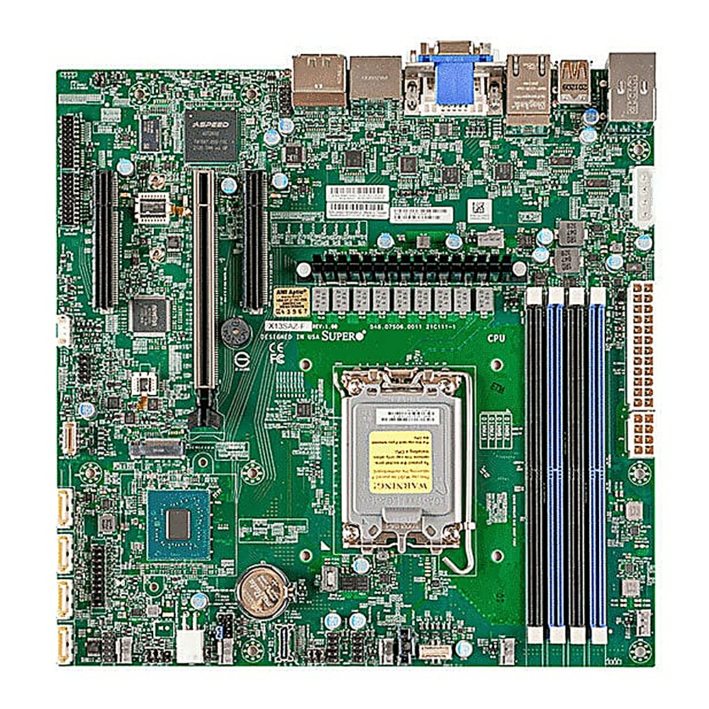 Una scheda madre verde con vari chip, slot e connettori. Il testo include 'SUPER', 'CPU' e 'WARNING'.