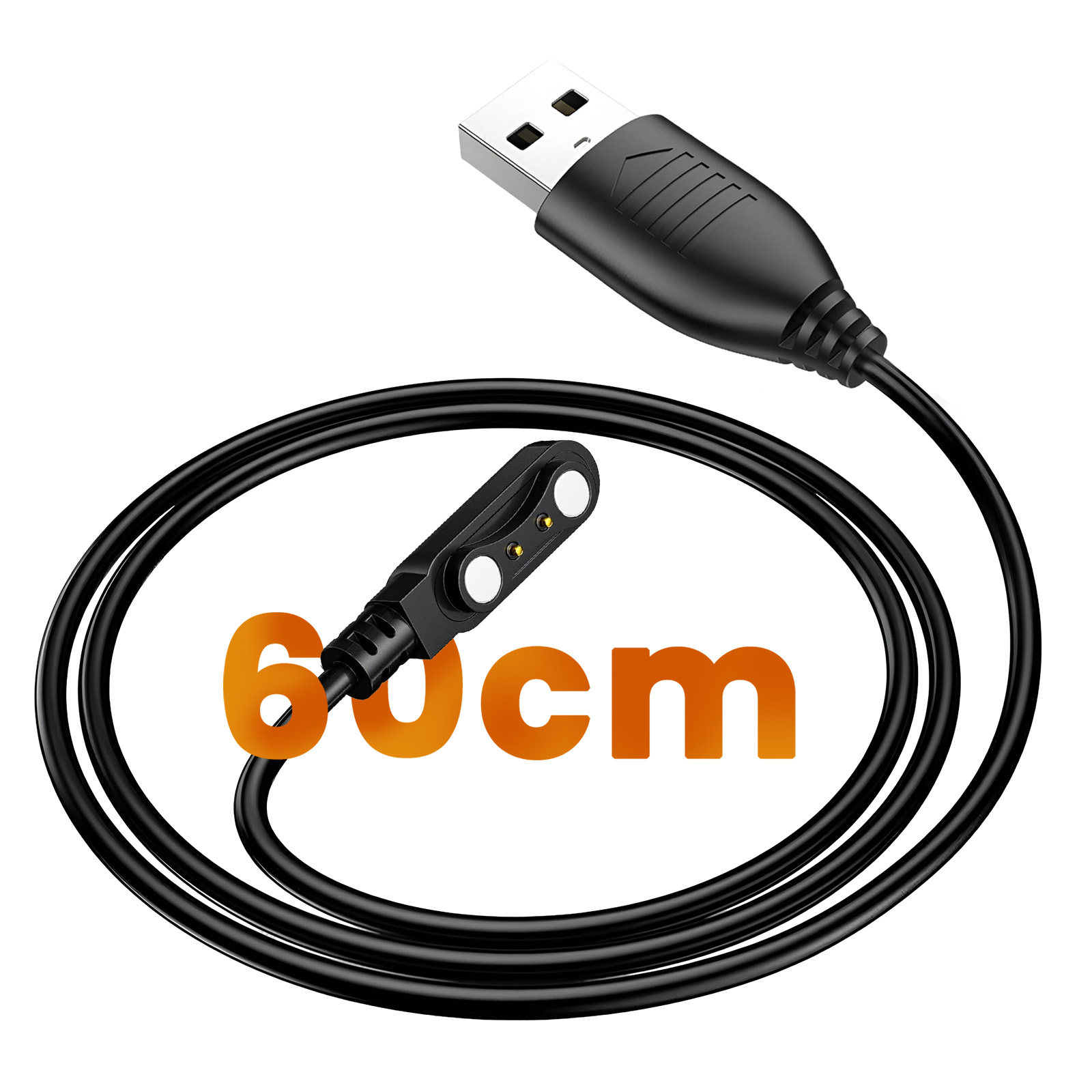 Cavo caricabatterie USB nero con indicazione 60cm. Ha connettore USB e testina di ricarica magnetica per smartwatch.