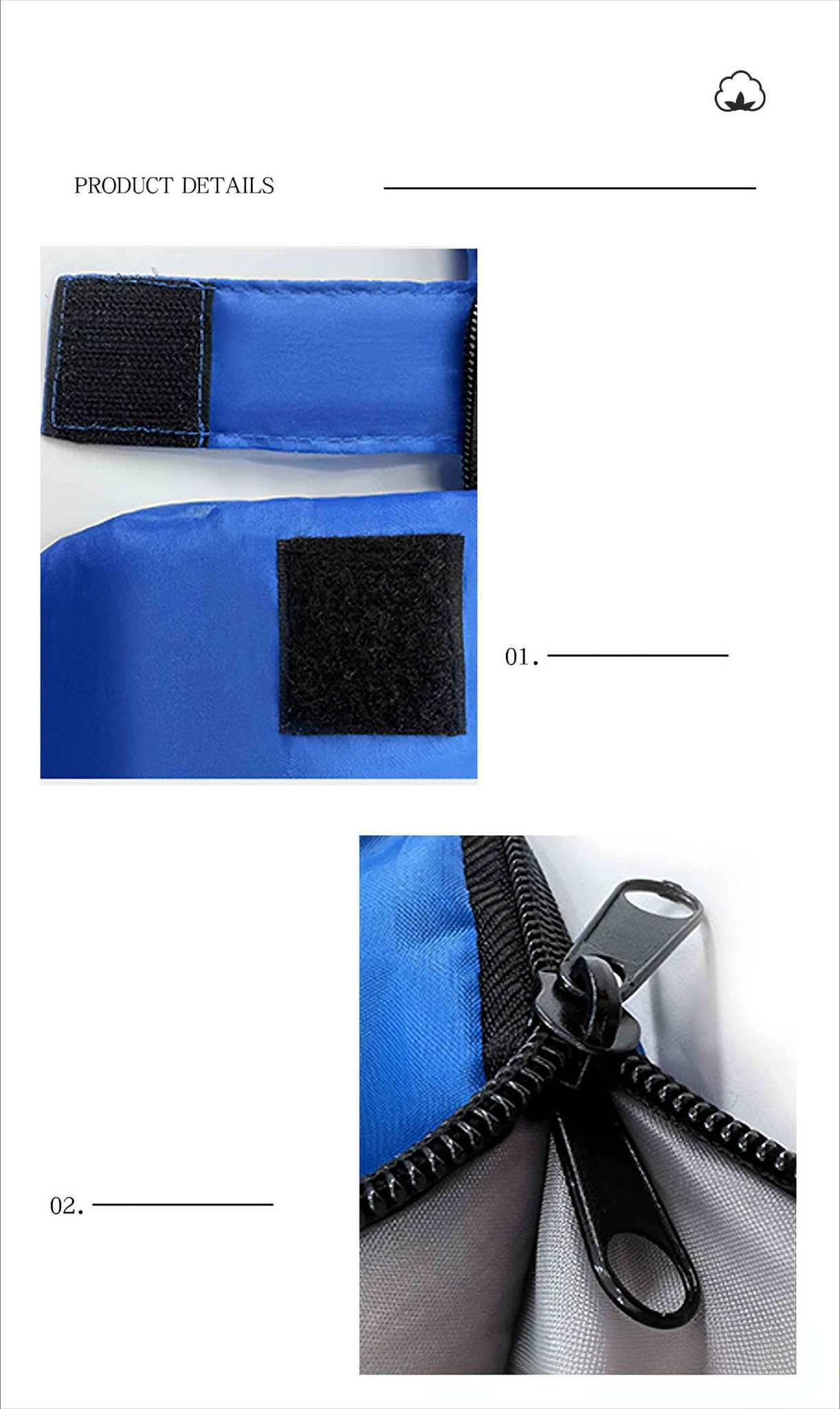 Details einer blauen Tasche mit schwarzem Reißverschluss und Klettverschlüssen. Text beschriftet die Teile. Weißer Hintergrund.