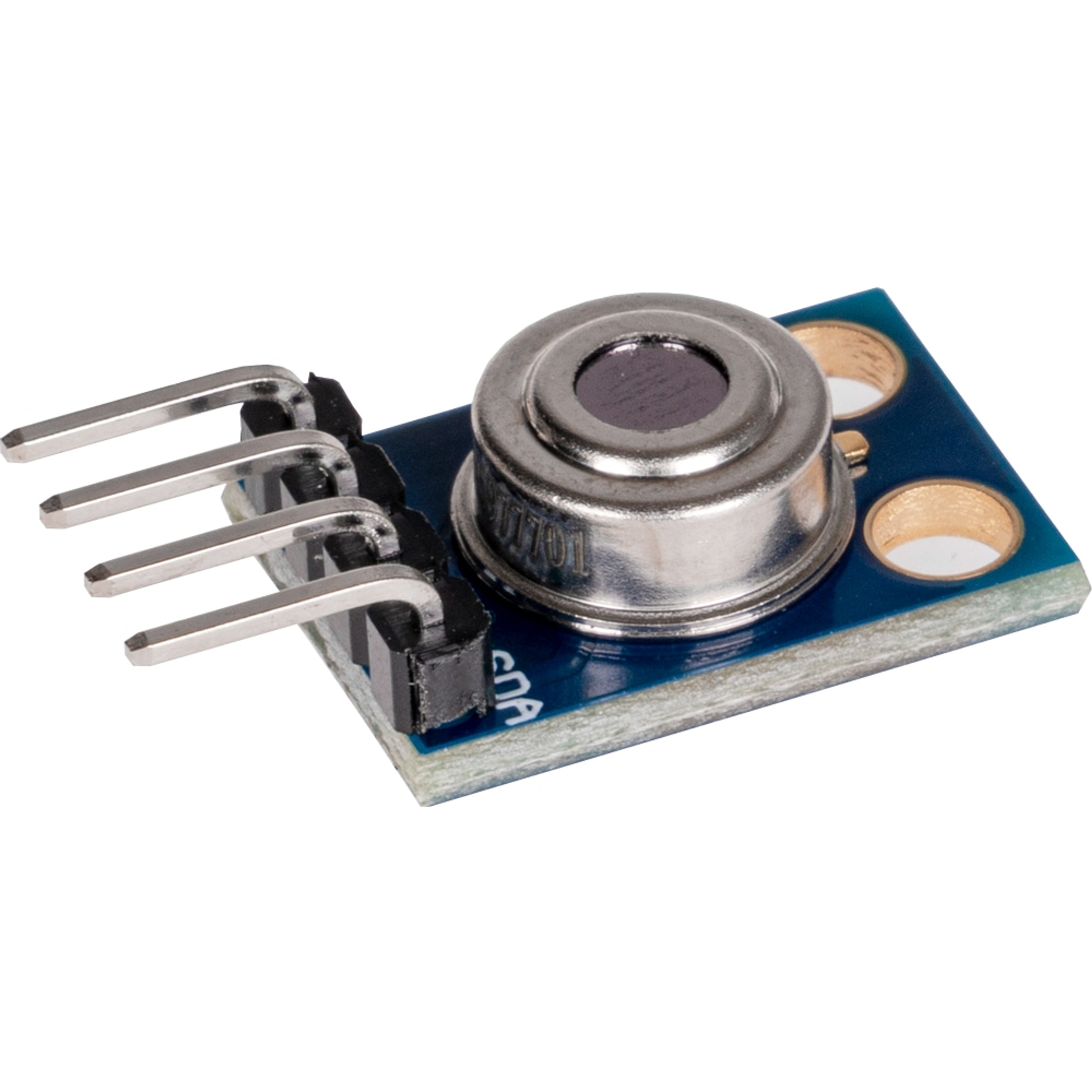 Ein kleines elektronisches Bauteil mit Pins und einem kreisförmigen Sensor auf einer blauen Leiterplatte. Silbermetall und ein dunkler Sensor.
