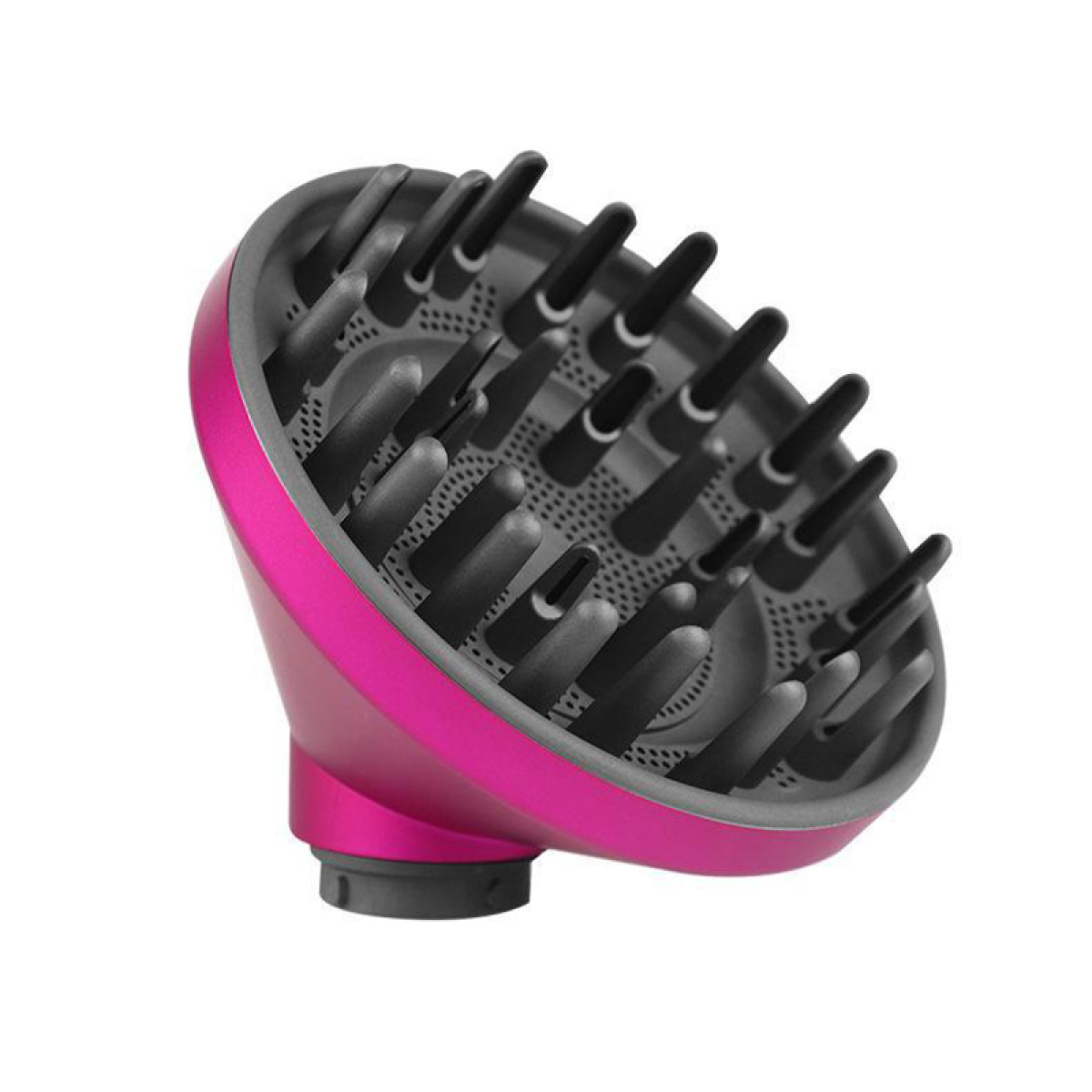 Ein pinkfarbener Haartrockner-Diffusor mit schwarzen, fingerartigen Aufsätzen. Er liegt auf weißem Hintergrund und ist nach rechts abgewinkelt.