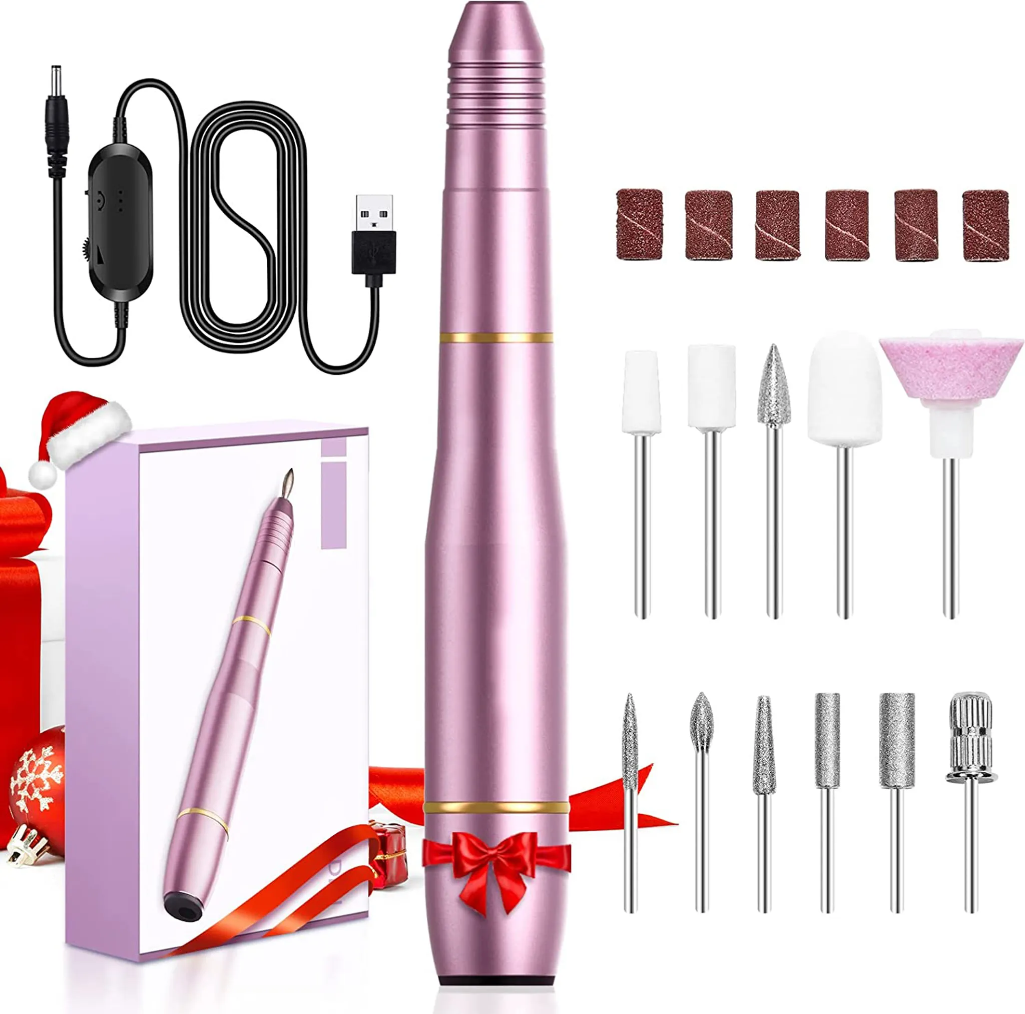 Ein rosa Nagelbohrerset mit Zubehör. Enthält eine Geschenkbox, ein rotes Band und eine Weihnachtsmütze.