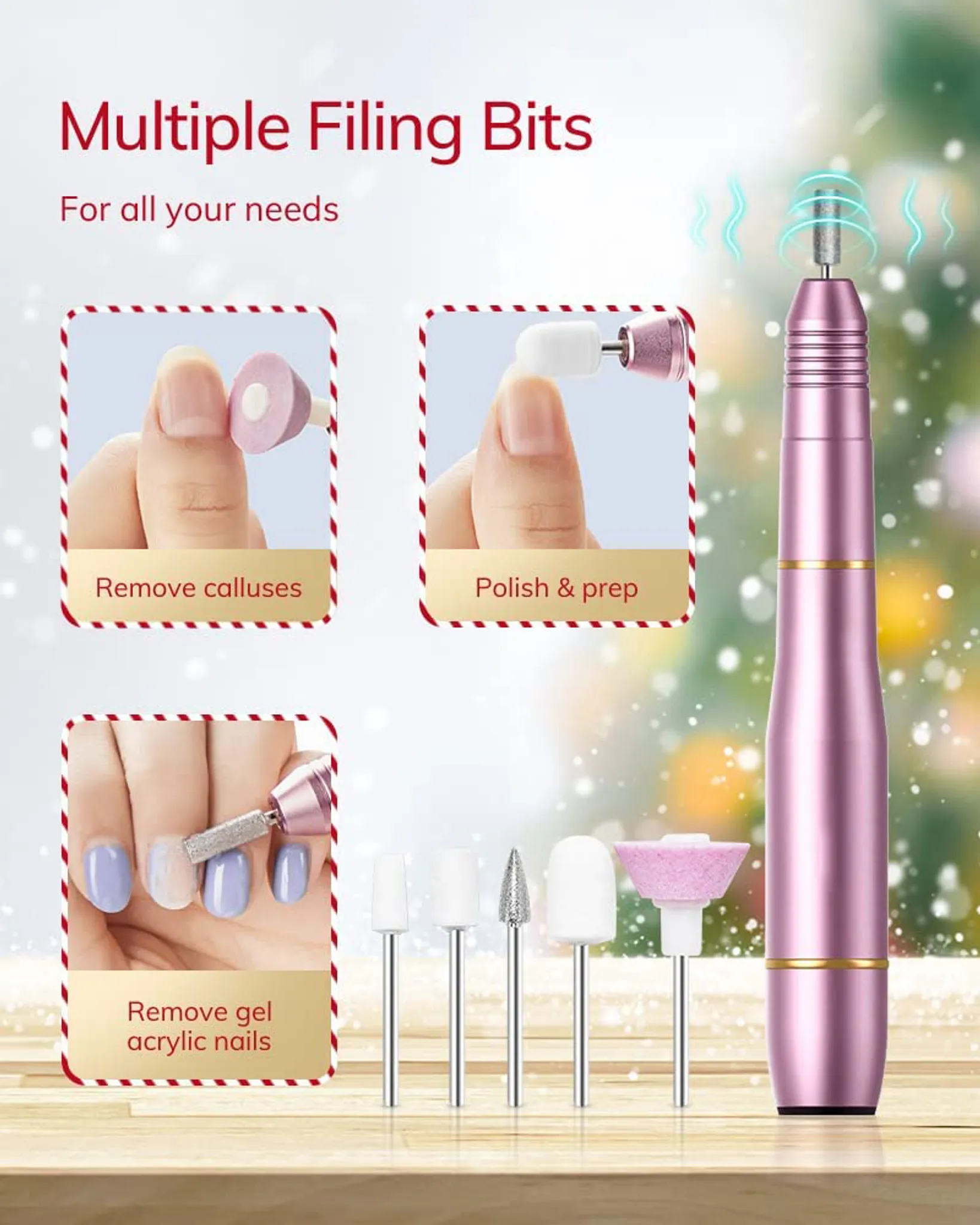 Werbung für ein Nagelpflegegerät. Es zeigt eine pinkfarbene elektrische Feile, verschiedene Aufsätze und Bilder von Nagelpflege.