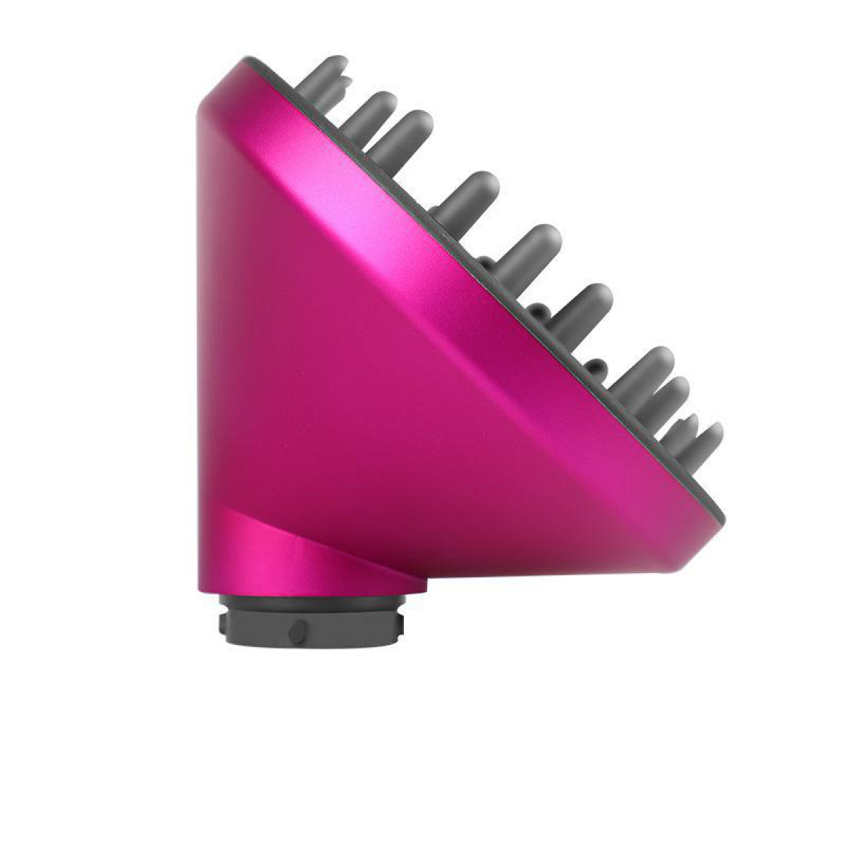 Ein rosa Haartrockner-Diffusor ist nach rechts abgewinkelt. Es hat schwarze, fingerartige Vorsprünge. Die Basis ist grau und der Hintergrund ist weiß.