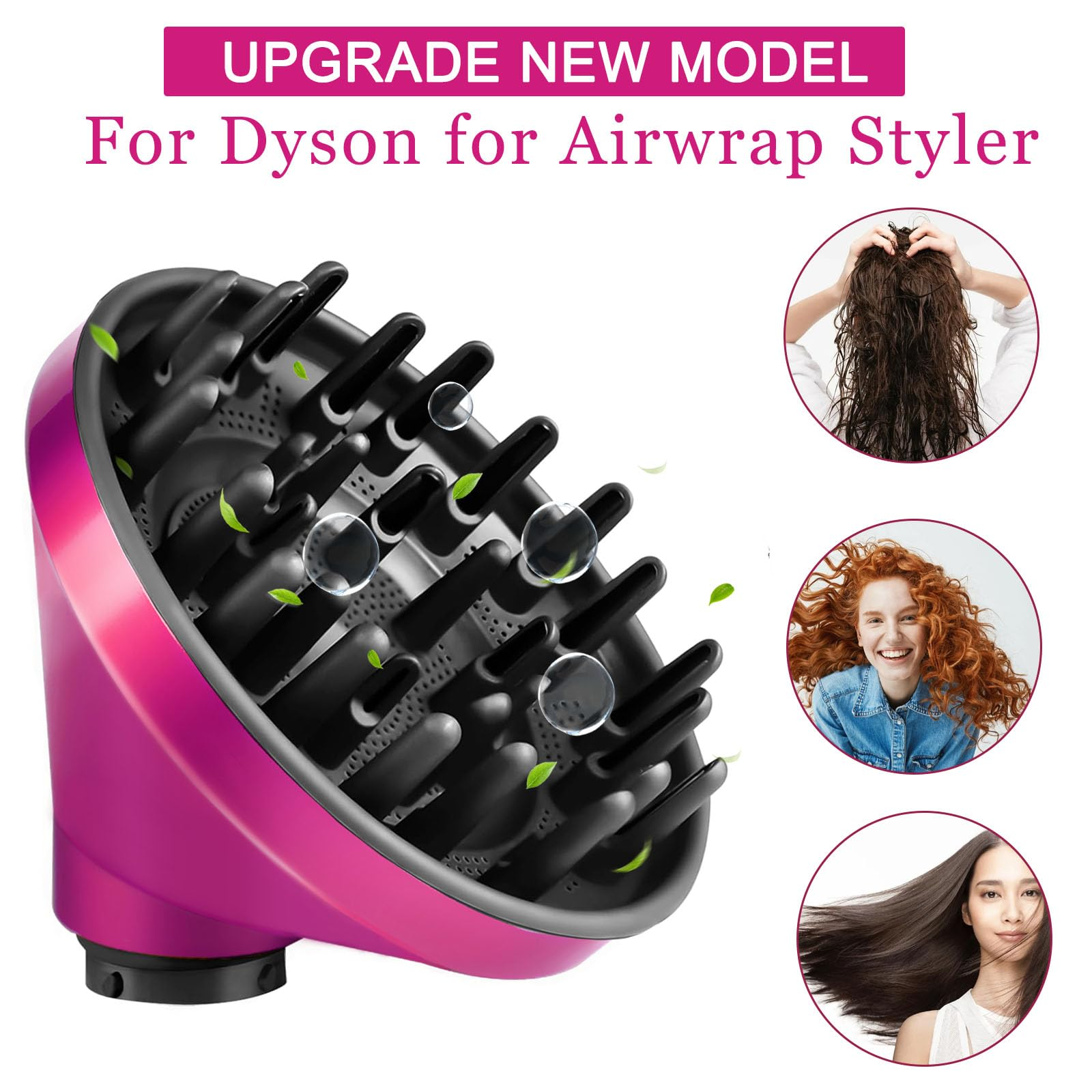 Ein rosa-schwarzer Haartrockneraufsatz mit dem Text 'UPGRADE NEW MODEL'. Es sind drei Bilder von Haaren zu sehen.