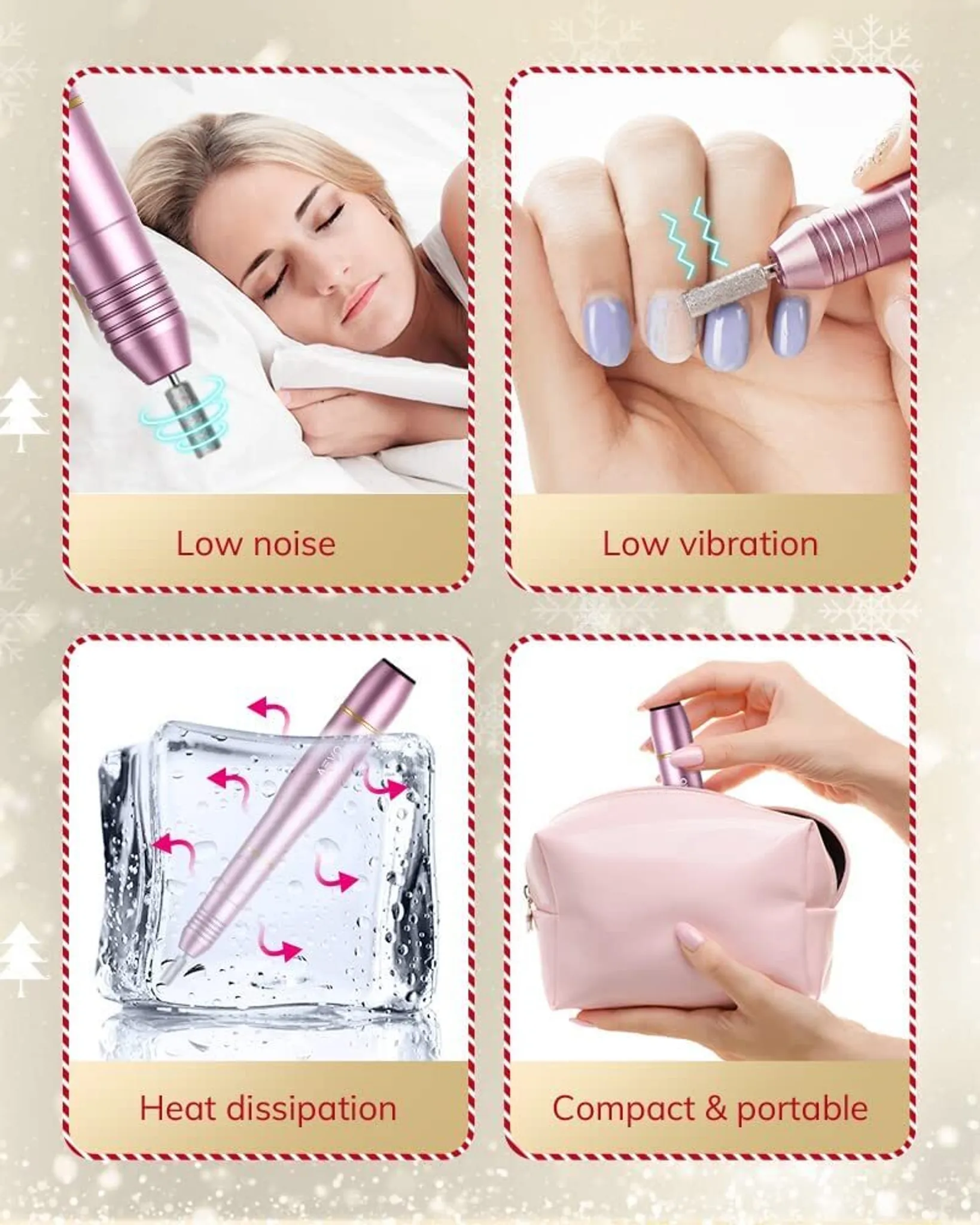 Das Bild zeigt vier Tafeln. Nagelfräser wird mit einer schlafenden Frau, Nagelarbeiten, Eis und einer Kosmetiktasche gezeigt.