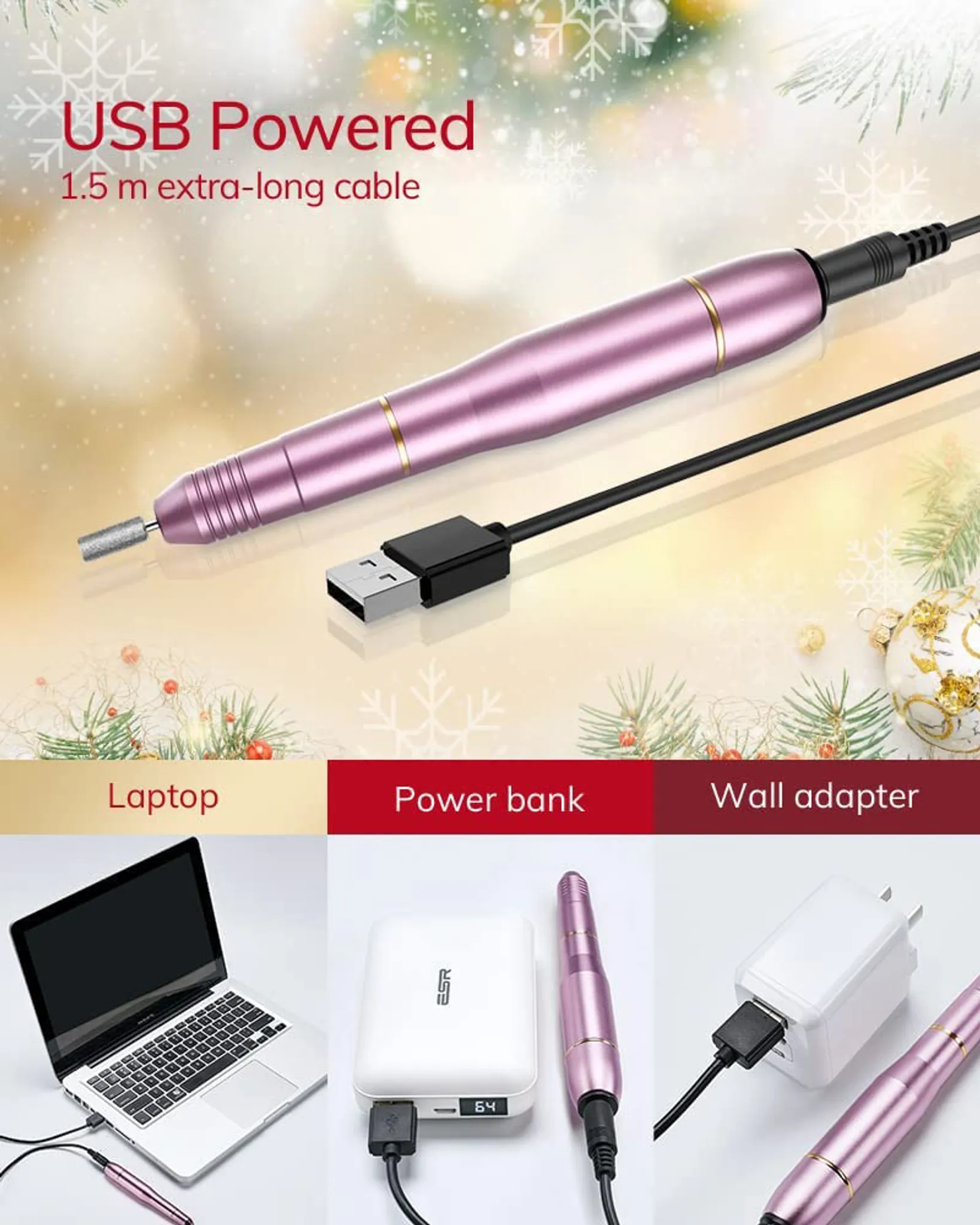 Eine pinke Nagelfeile mit USB-Kabel. Anschlüsse an Laptop, Powerbank und Wandadapter werden gezeigt.