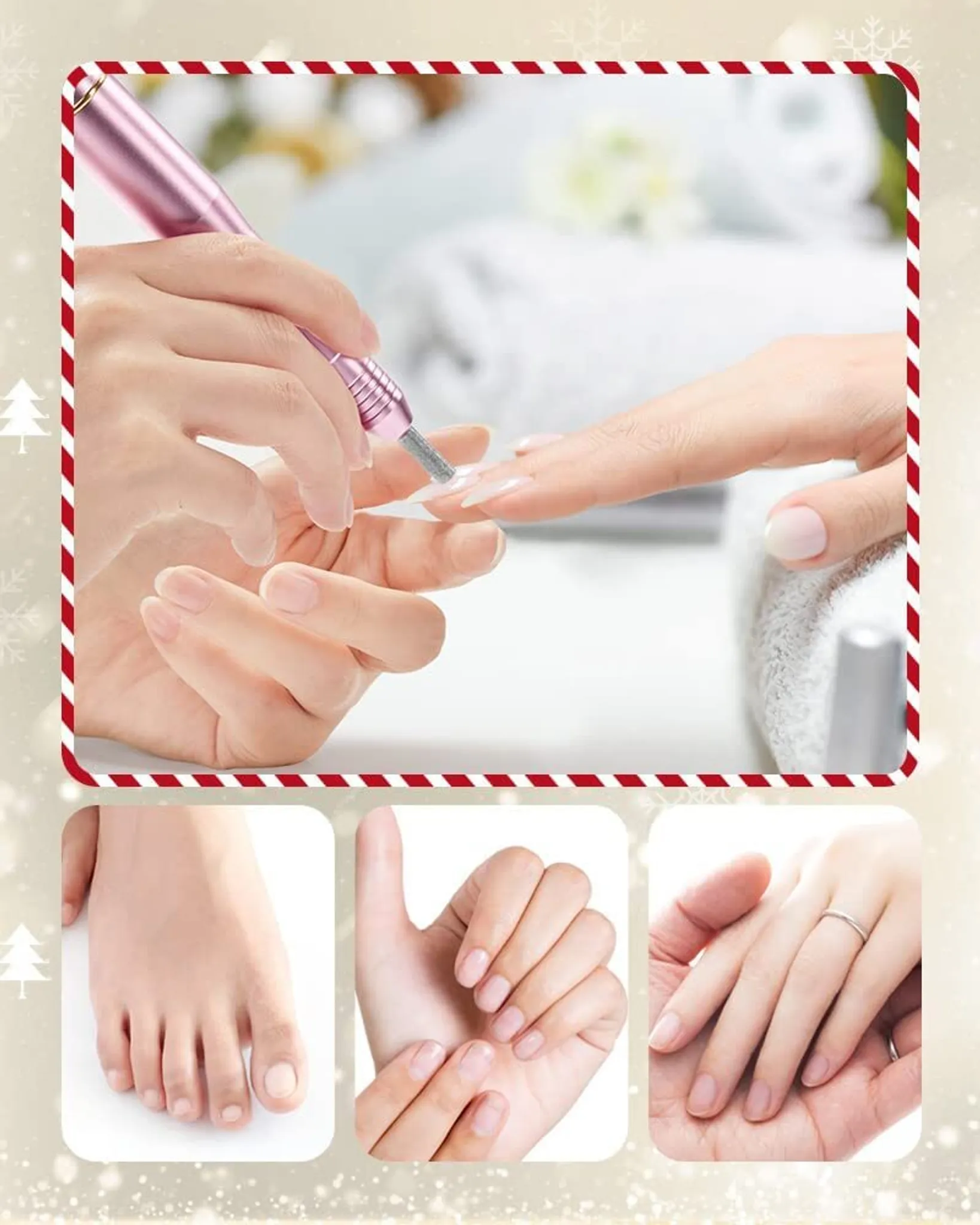 Eine Person, die einen Nagelbohrer an einem Fingernagel verwendet. Drei kleinere Bilder zeigen einen Fuß, eine Hand und eine Hand mit einem Ring.