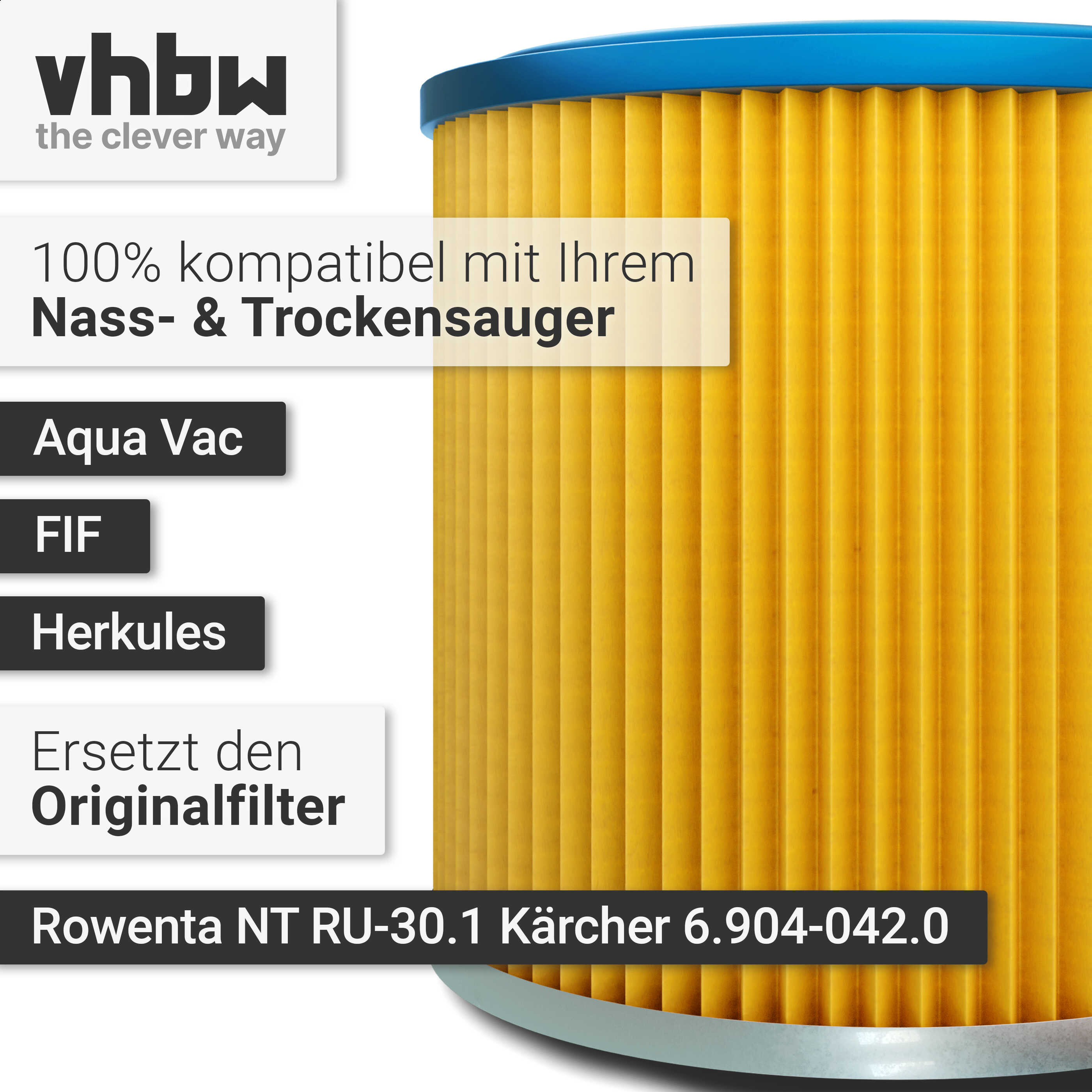 Das Bild zeigt einen gelben Filter mit blauen und silbernen Akzenten. Text enthält Markennamen, Kompatibilität und Modellinformationen.