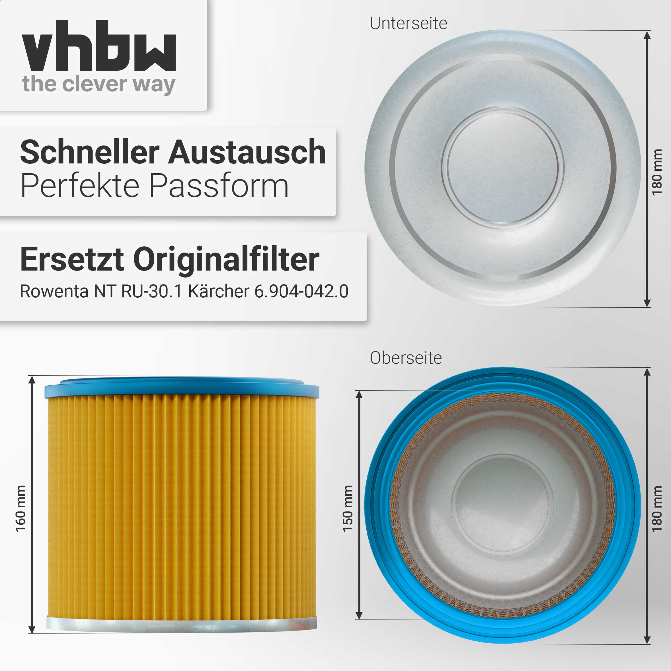 Das Bild zeigt einen Filter für Rowenta und Kärcher. Er ist gelb mit blauem Rand und die Maßangaben sind sichtbar.