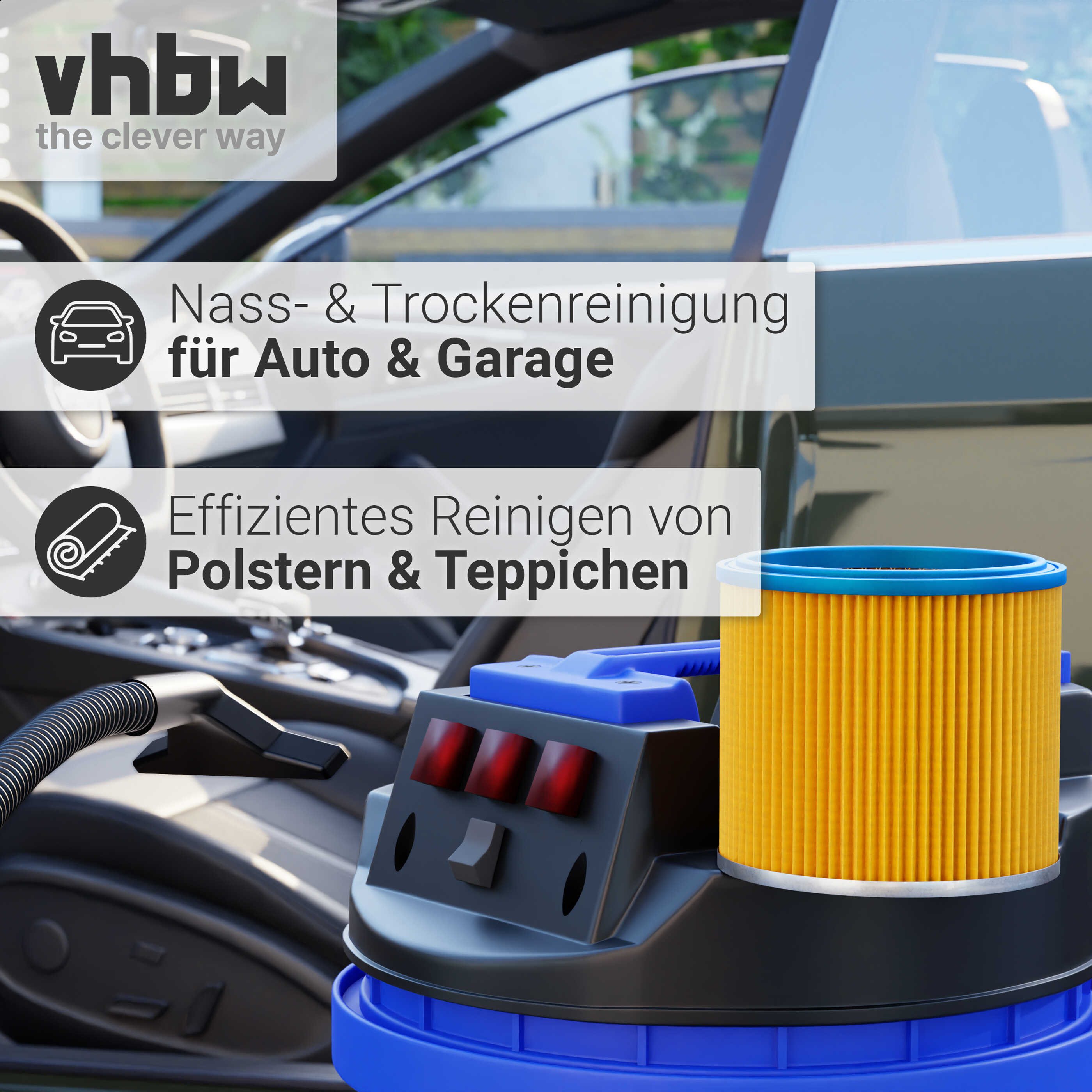 Ein Staubsauger mit gelbem Filter vor einem Auto, Text wirbt für die Reinigung von Auto und Garage.