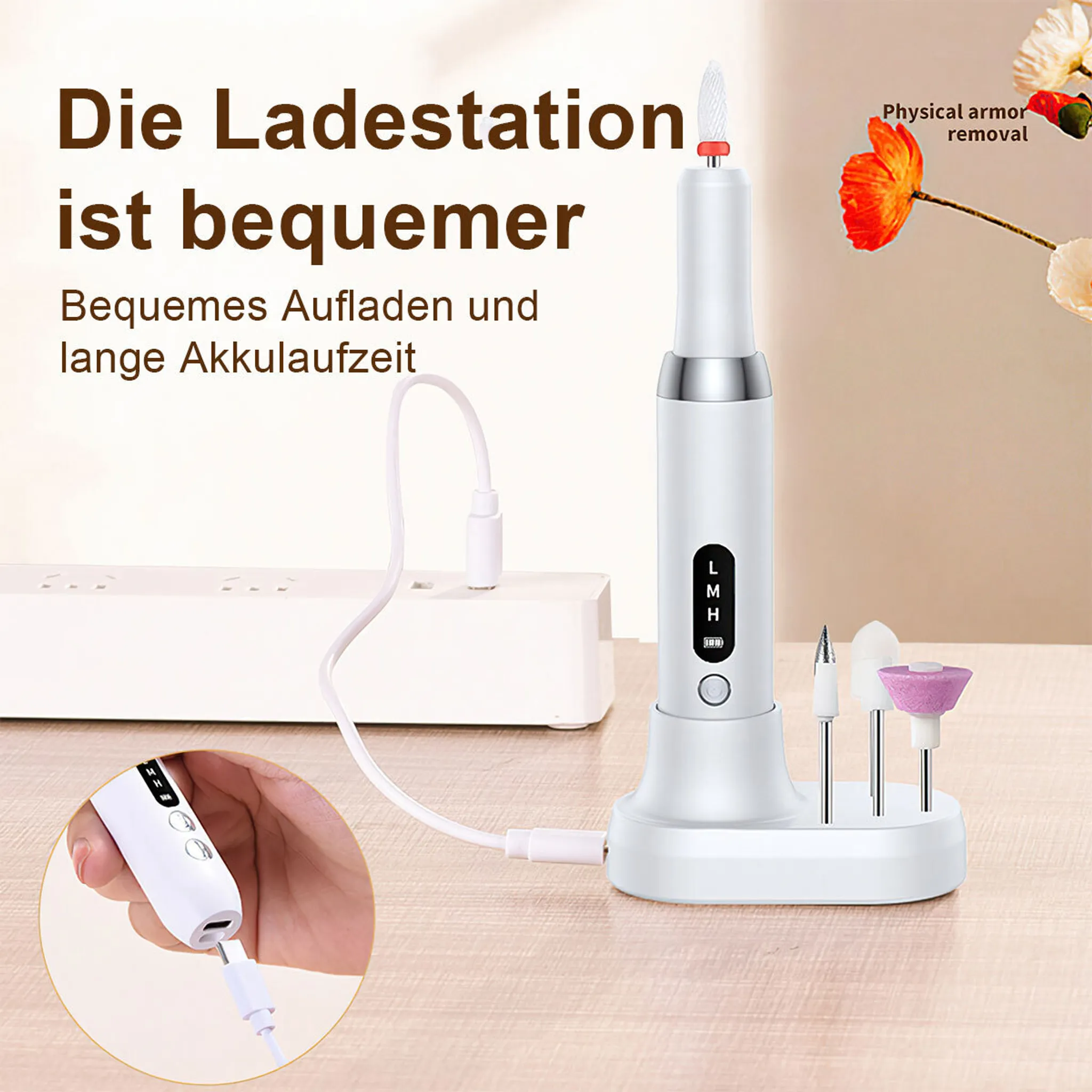 Weißer Nagelbohrer auf Ladestation mit Zubehör. Text: Die Ladestation ist bequemer.