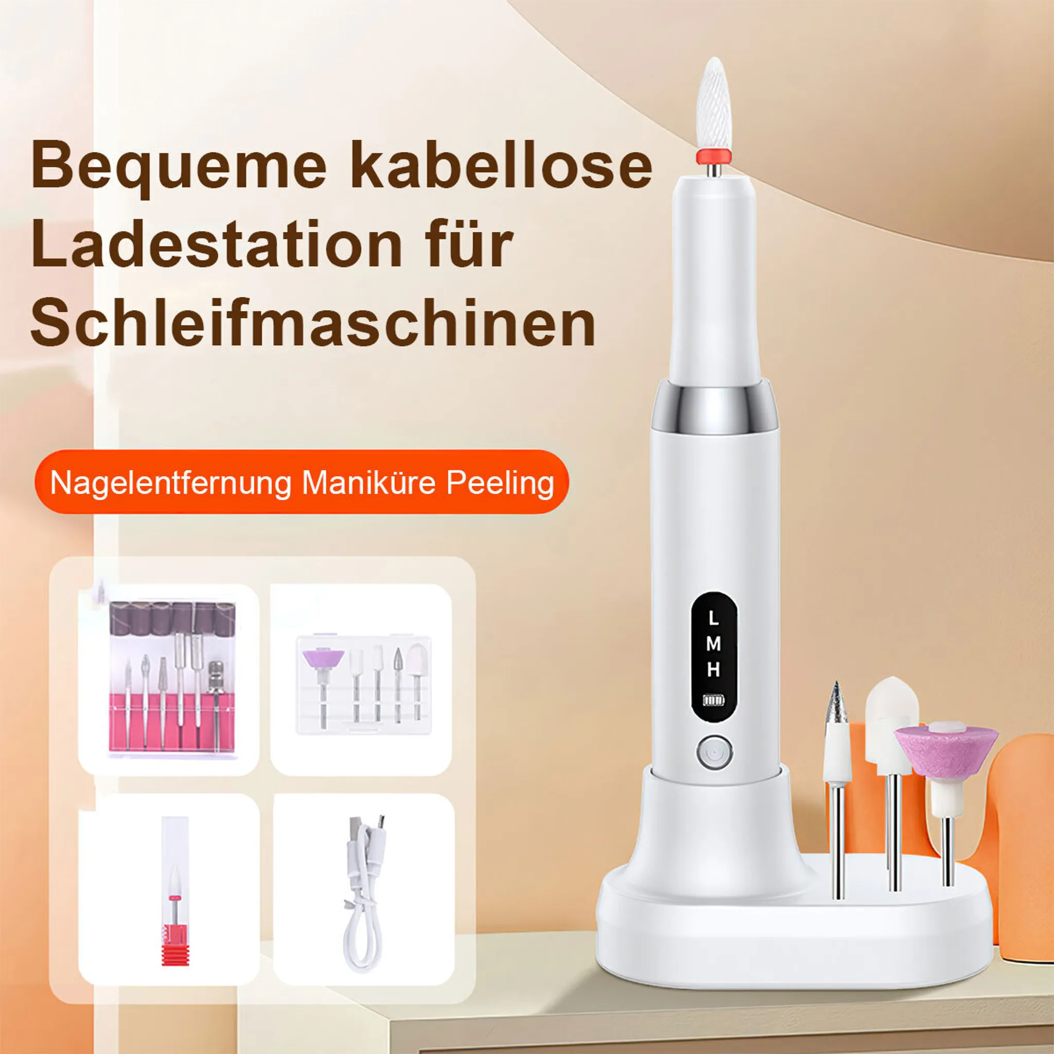 Weißer Nagelbohrer mit Zubehör und Ladegerät. Text auf Deutsch. Vier kleine Bilder zeigen verschiedene Bohrer.