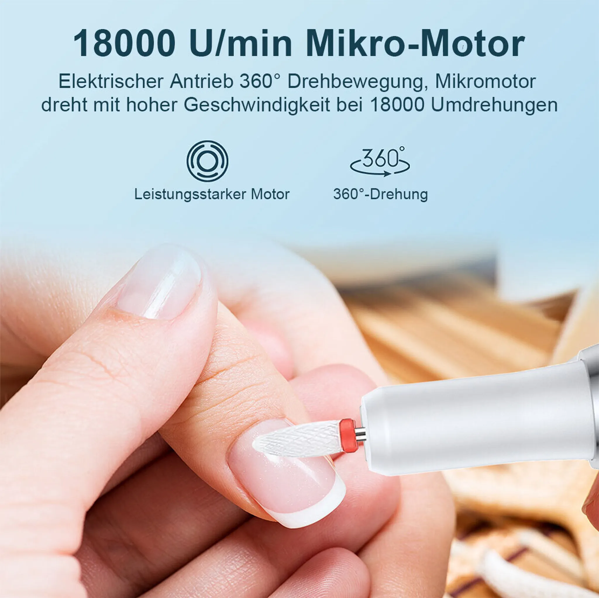 Eine Hand mit einem manikürten Nagel. Ein Werkzeug wird auf dem Nagel verwendet. Text auf Deutsch steht oben.
