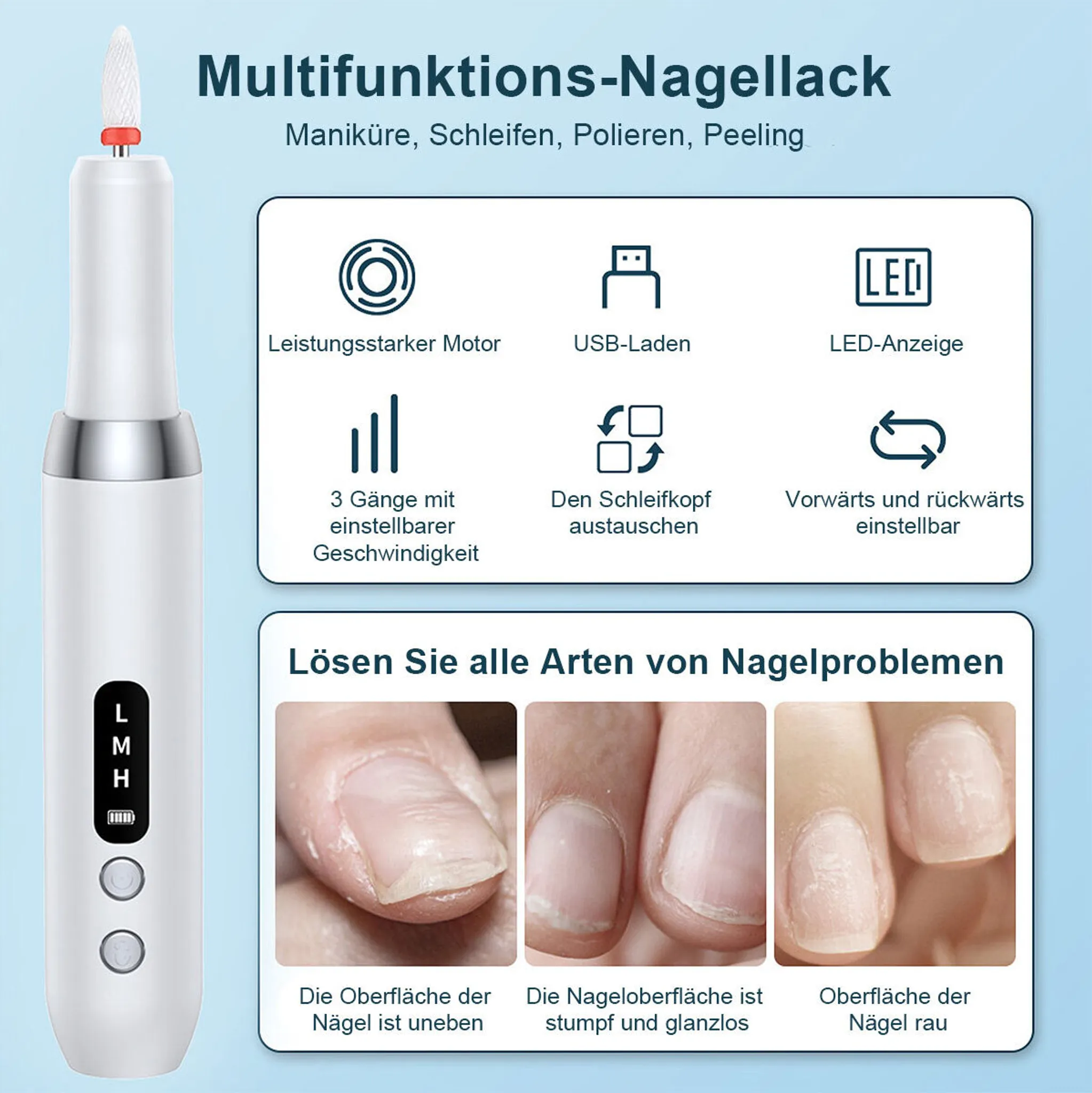 Weißes Nagelpflegegerät mit Nagelbohrer und Infotafel. Es zeigt Nagelprobleme und Funktionen wie USB-Laden.