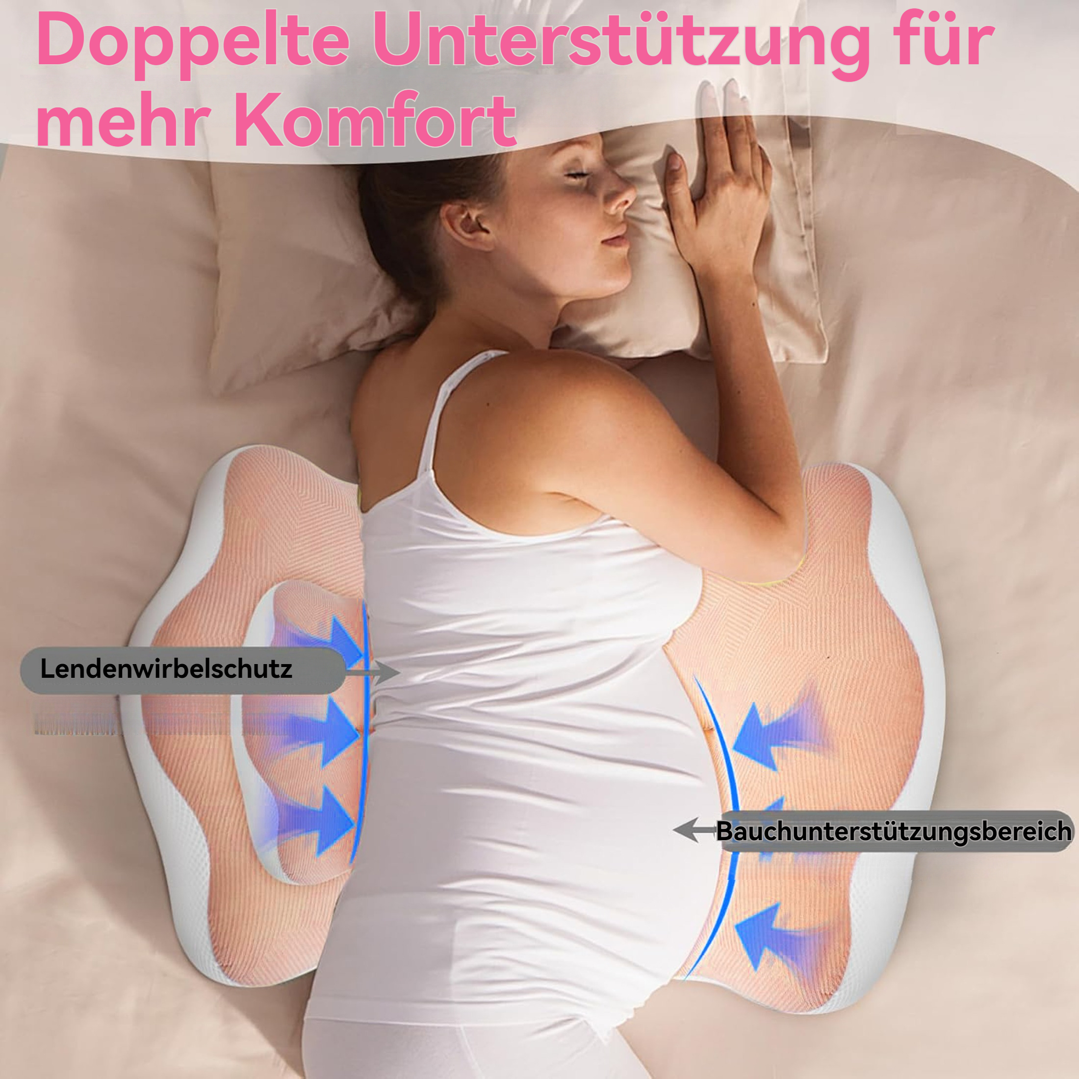 Eine schwangere Frau liegt mit einem Kissen auf dem Bett und benutzt ein Schwangerschaftskissen. Das Kissen bietet Lenden- und Bauchunterstützung.