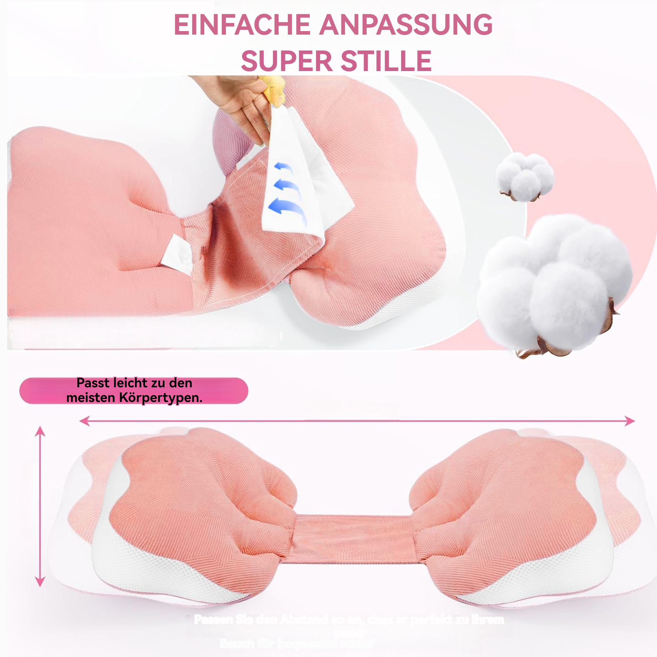 Ein rosa Kissen mit weißem Mesh und eine Hand, die ein Papier hält, wird gezeigt. Der Text auf Deutsch lautet 'Einfache Anpassung, super leise'.