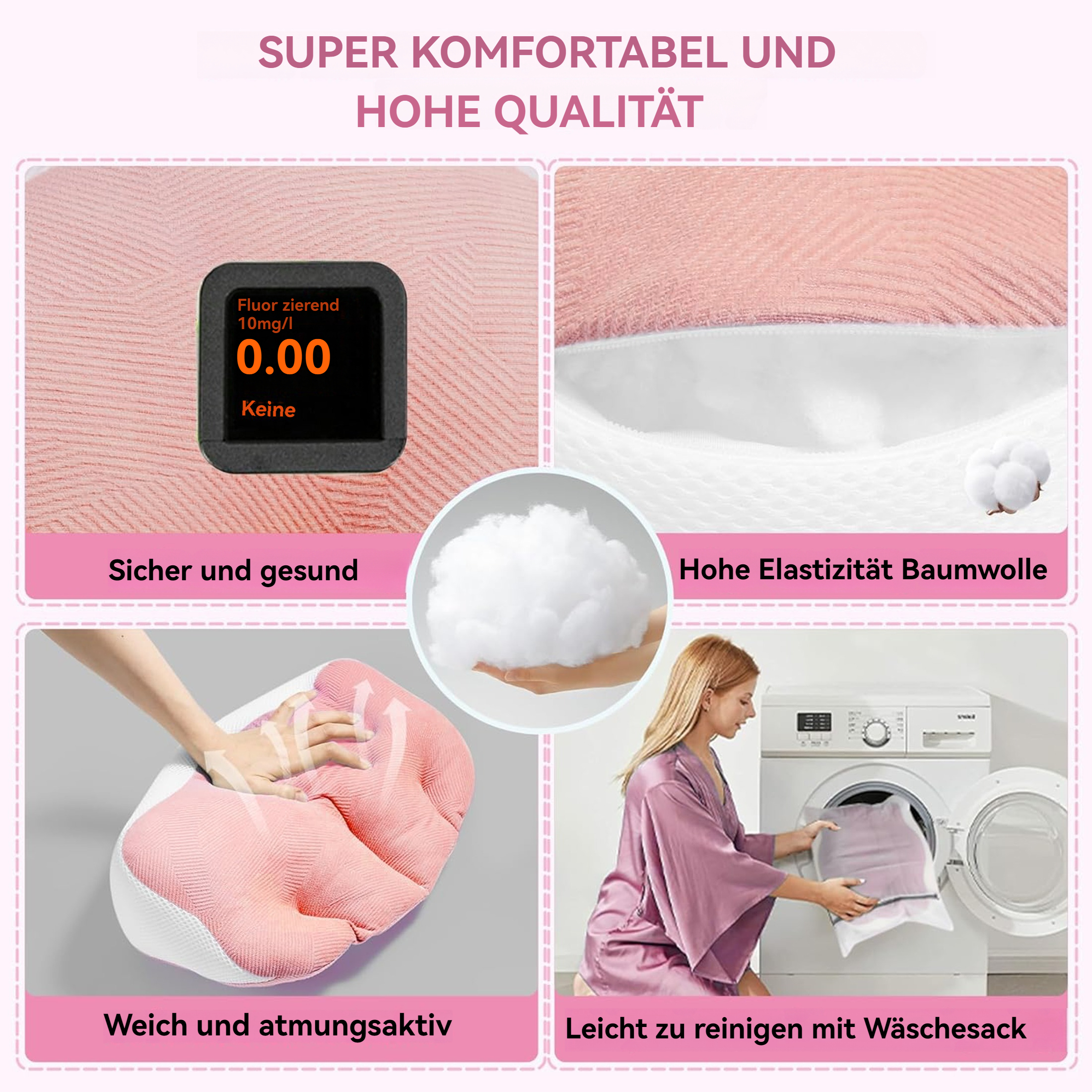 Das Bild zeigt Produktmerkmale: Fluor-Testergebnis, Baumwolle, weiches und atmungsaktives Material und einfache Reinigung.