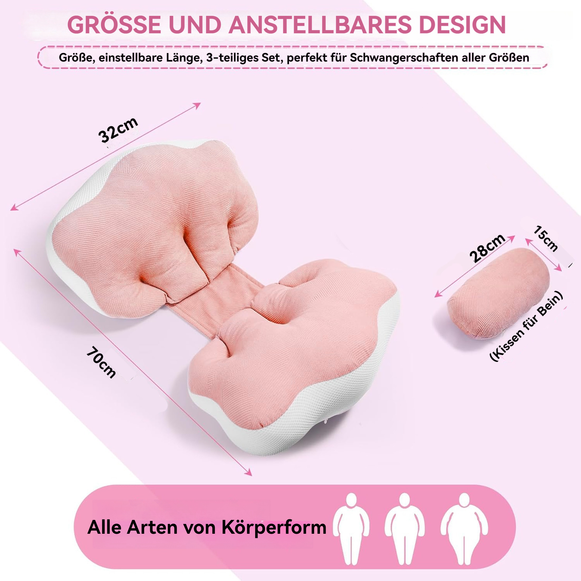 Ein rosa Schwangerschaftskissen-Set mit Größenangaben, das seine Größe und Eignung für alle Körpertypen hervorhebt.