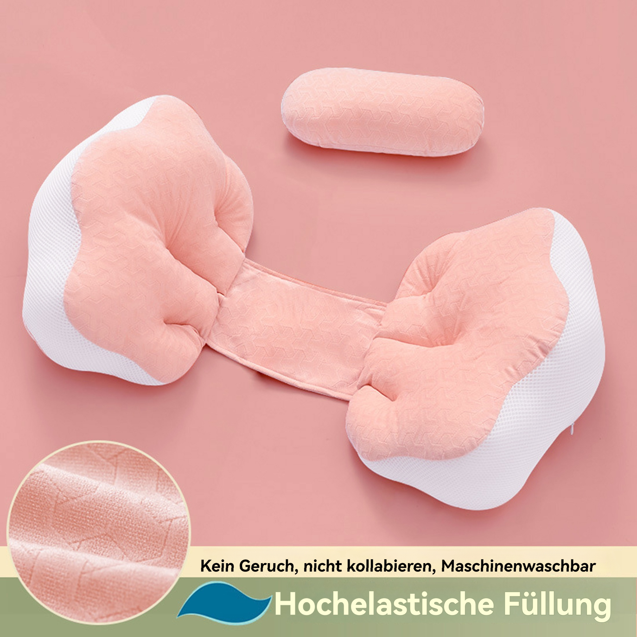 Ein rosa-weißes Schwangerschaftskissen mit einem kleinen Kissen auf rosa Hintergrund. Text unten zeigt Funktionen.