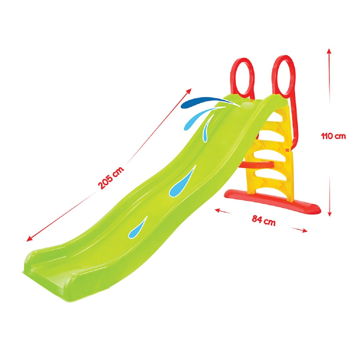 Eine grüne Plastikrutsche mit Wassertropfen, roter und gelber Leiter und den angegebenen Abmessungen: 205 cm lang, 110 cm hoch, 84 cm breit.
