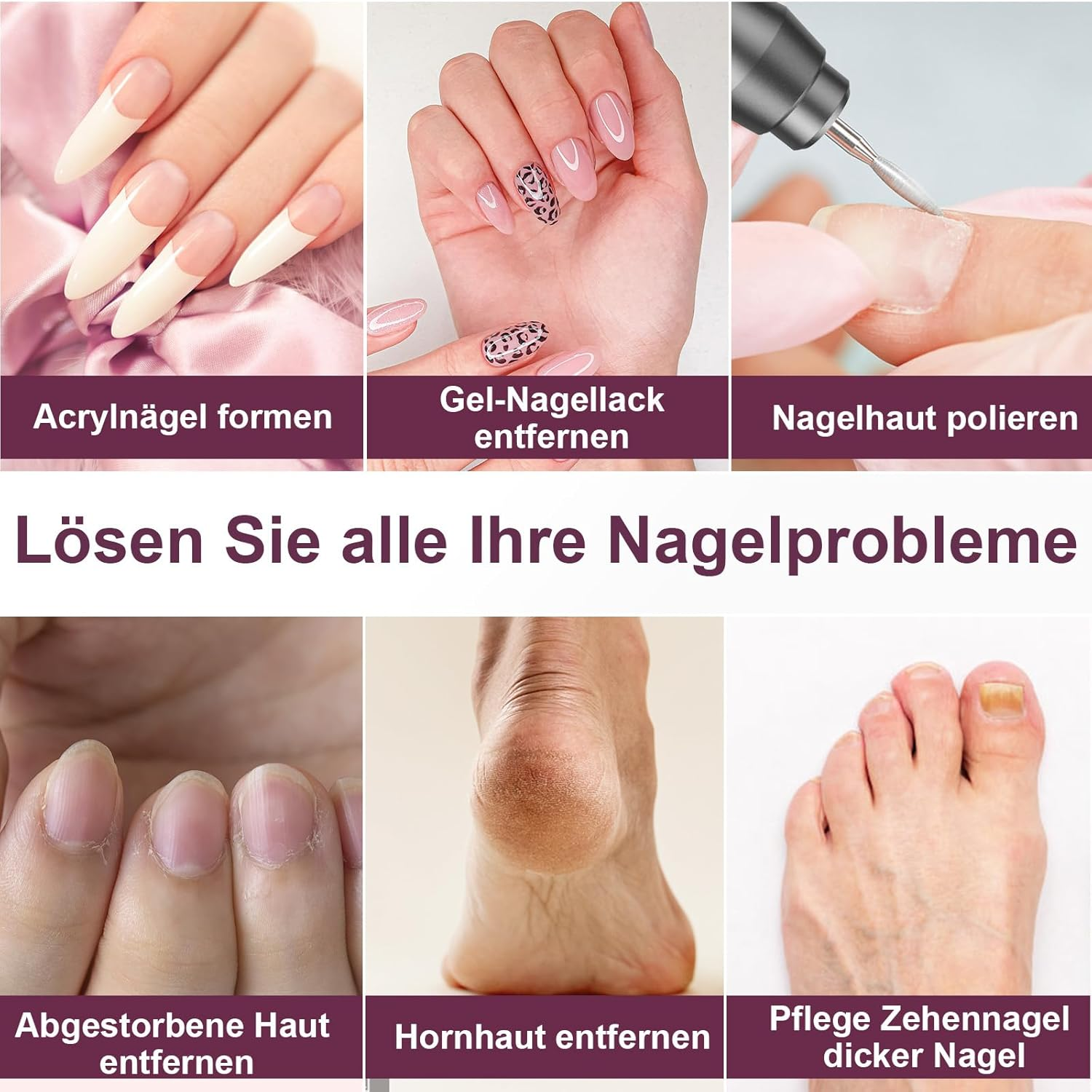 Das Bild zeigt verschiedene Nagelpflegeverfahren: Acrylnägel, Gel-Lack-Entfernung, Nagelhautpolieren, Entfernung abgestorbener Haut und Fußpflege.