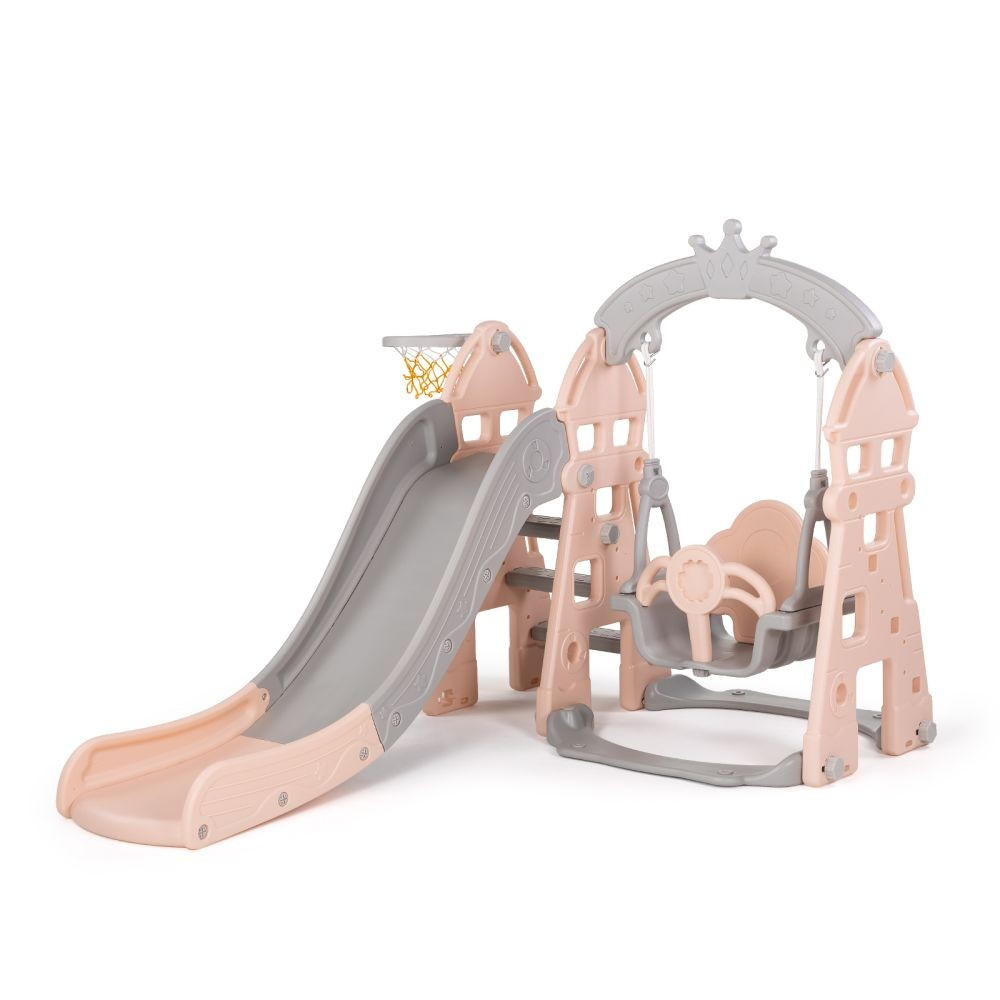 Ein rosa-graues Kinderspielset mit Rutsche, Schaukel und Basketballkorb auf weißem Hintergrund.