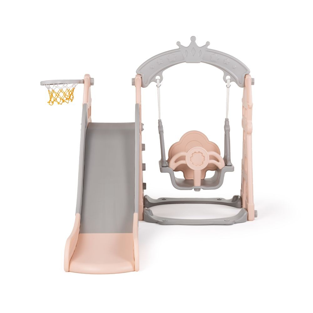 Ein rosa-graues Spielset mit Rutsche, Schaukel und Basketballkorb. Das Set steht auf weißem Hintergrund.