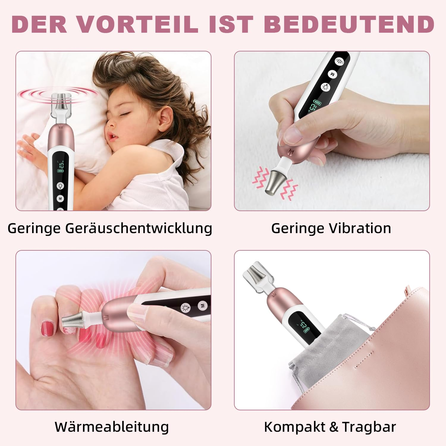Das Bild zeigt vier Abschnitte. Oben links: ein schlafendes Kind mit einem Gerät. Oben rechts: Hand, die das Gerät hält. Unten links: Hand mit Gerät. Unten rechts: Gerät und Beutel.