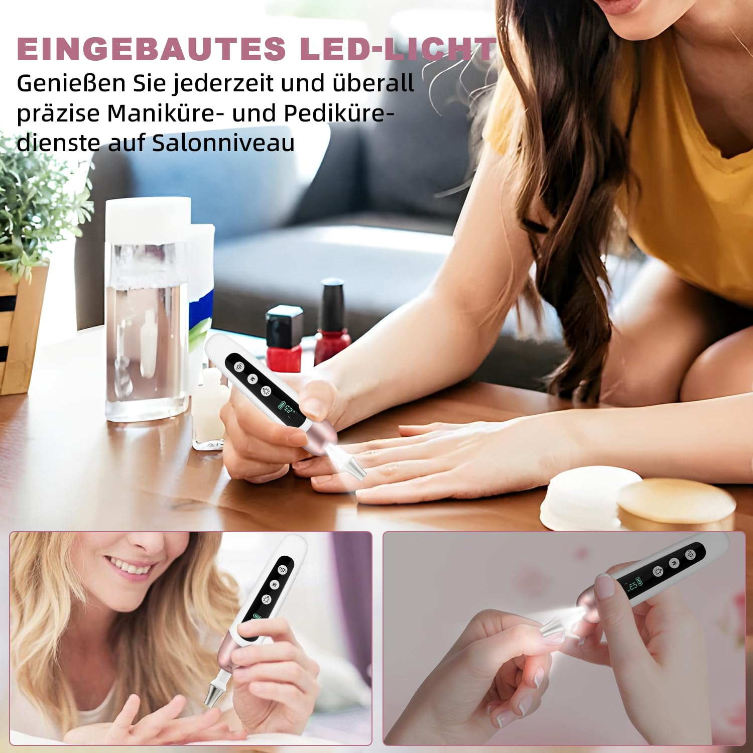 Eine Frau benutzt ein Maniküre-Werkzeug mit LED-Licht. Auf dem Tisch liegen Nagellack, Wattepads, Flaschen und eine Pflanze.