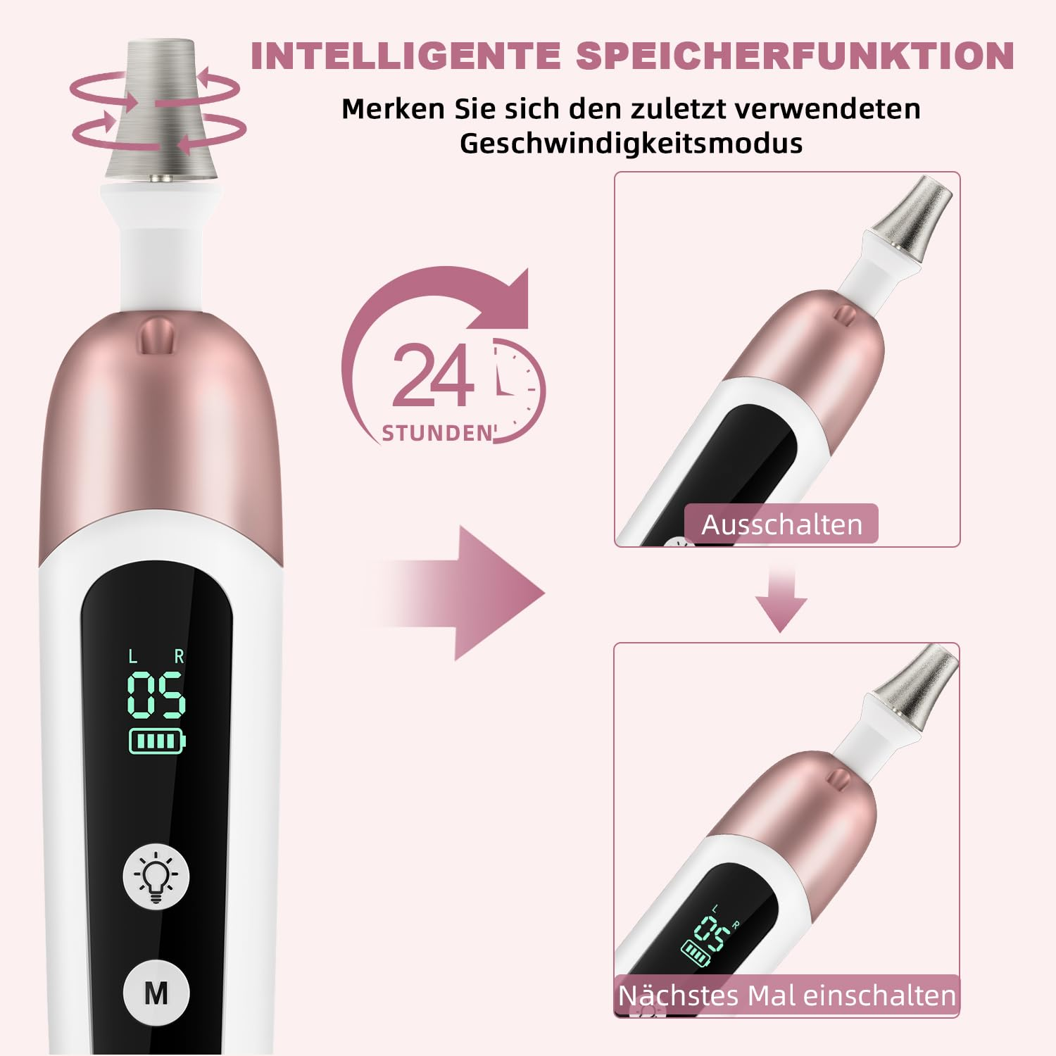 Ein Schönheitsgerät mit roségoldfarbenem Griff, Digitalanzeige und silberner Spitze. Das Bild zeigt das Gerät und Anweisungen.