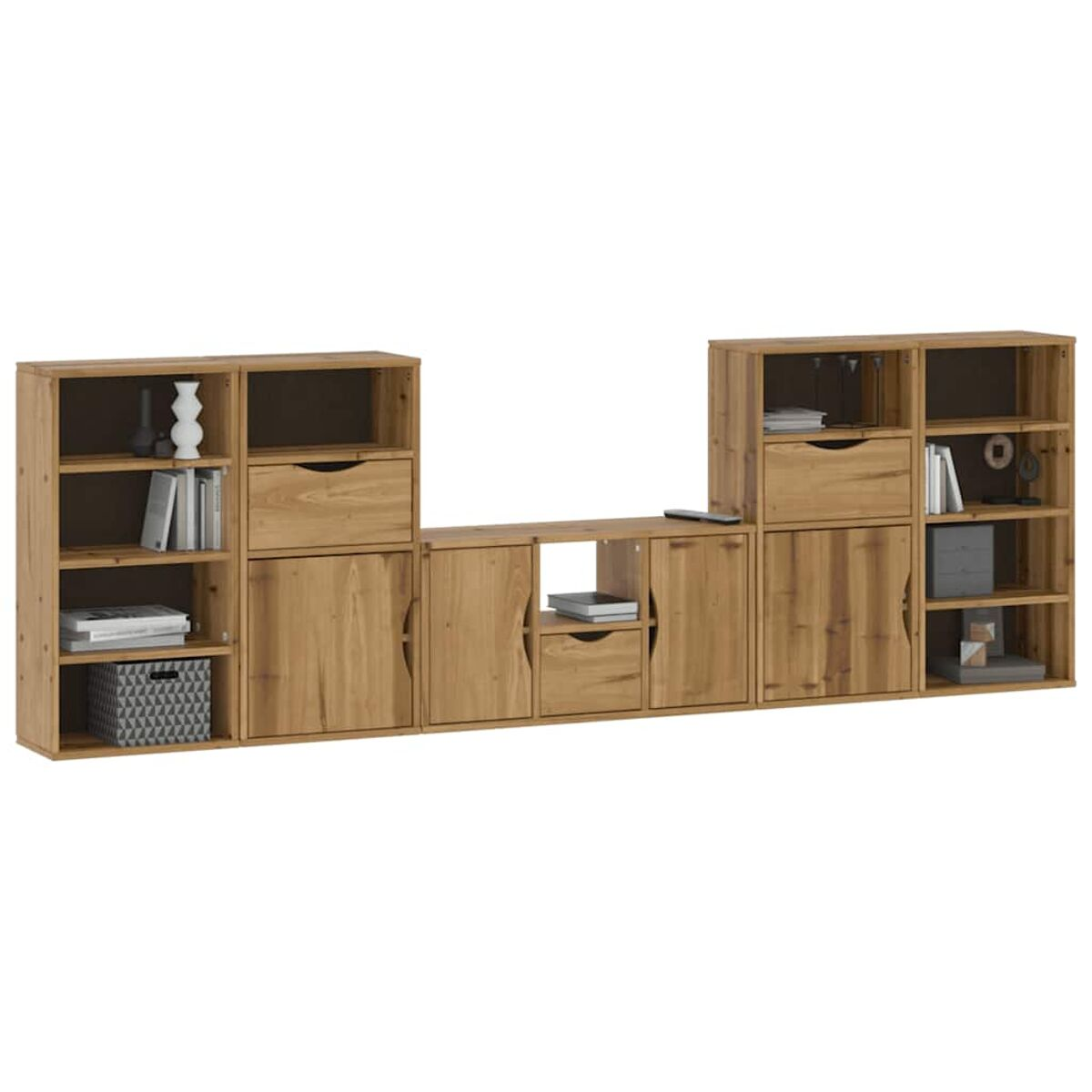 Ein hölzernes Wandmöbel mit Regalen, Schubladen und Schränken. Auf den Regalen sind Bücher, Vasen und dekorative Boxen ausgestellt.