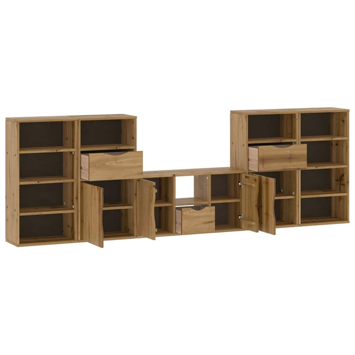 Holzschrank mit mehreren Regalen, Schubladen und Türen. Der Schrank ist braun und hat ein symmetrisches Design. Einige Türen und Schubladen sind geöffnet.