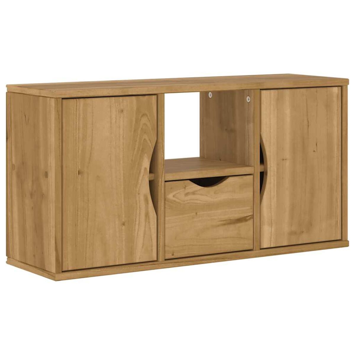 Ein Holzschrank mit zwei Türen, einer Schublade und offenen Regalen. Das Holz ist hellbraun.